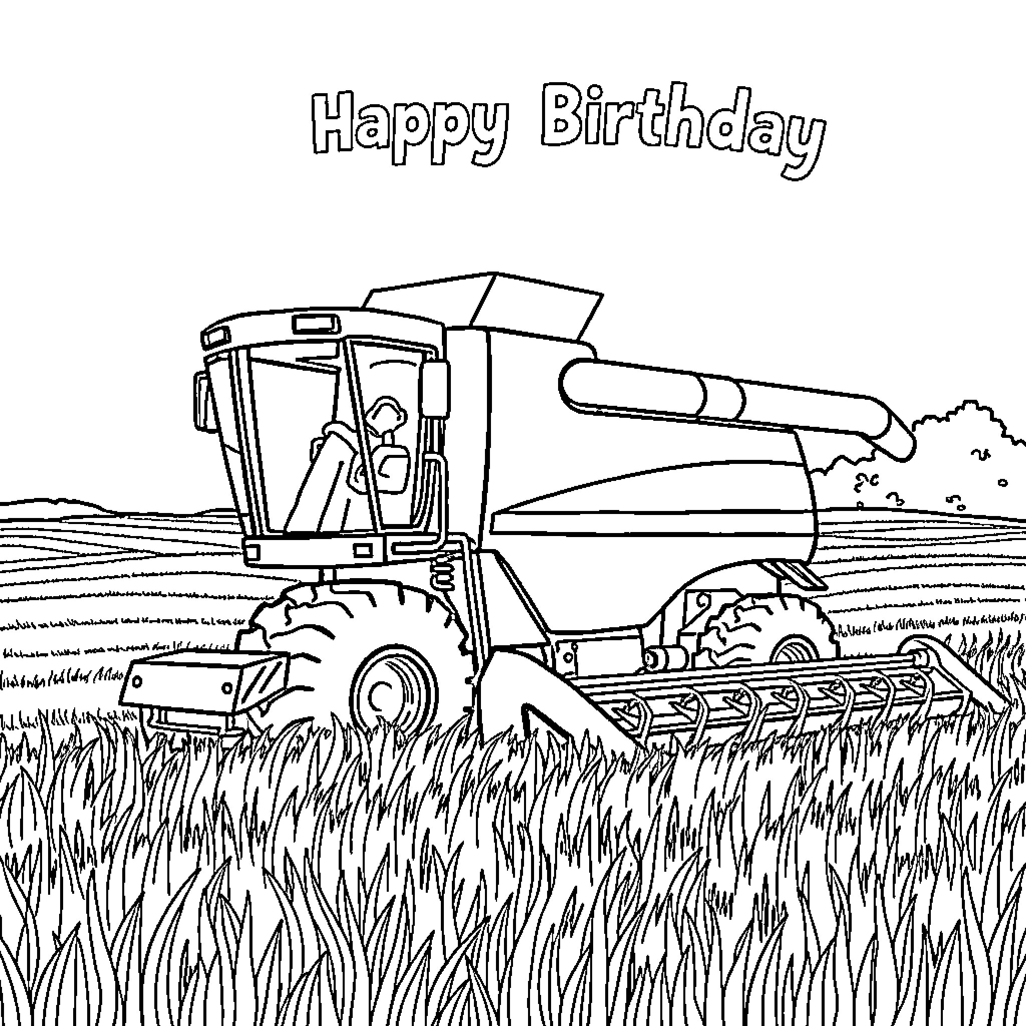 Combine Farm Machinery at Work on Birthday Coloring Page (free black-and-white line drawing printable PDF for all, from beginners to advanced learners, including children, teens, adults, and seniors)