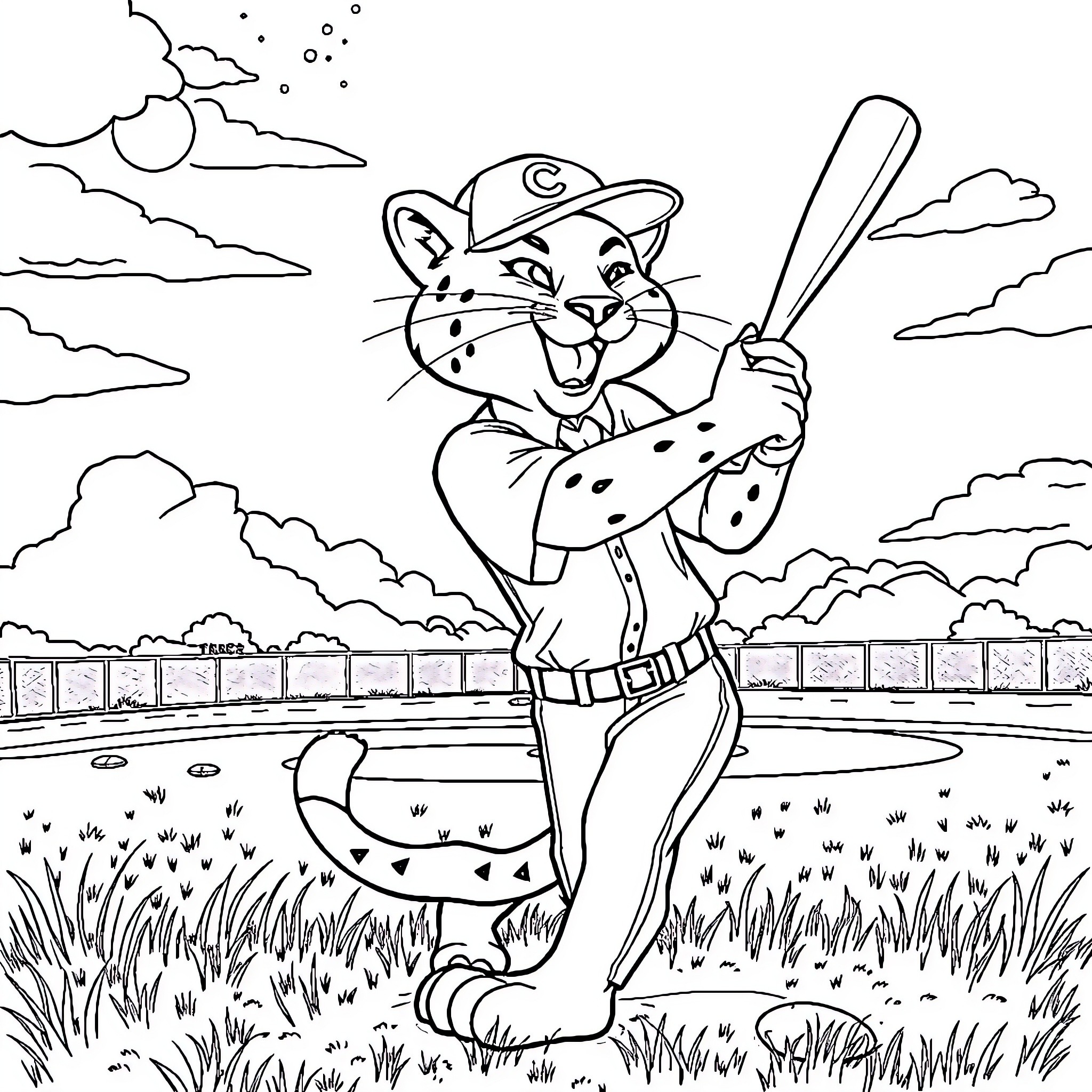 Cougar Baseball Player Swinging Bat on Field Coloring Page (free black-and-white line drawing printable PDF for all, from beginners to advanced learners, including children, teens, adults, and seniors)
