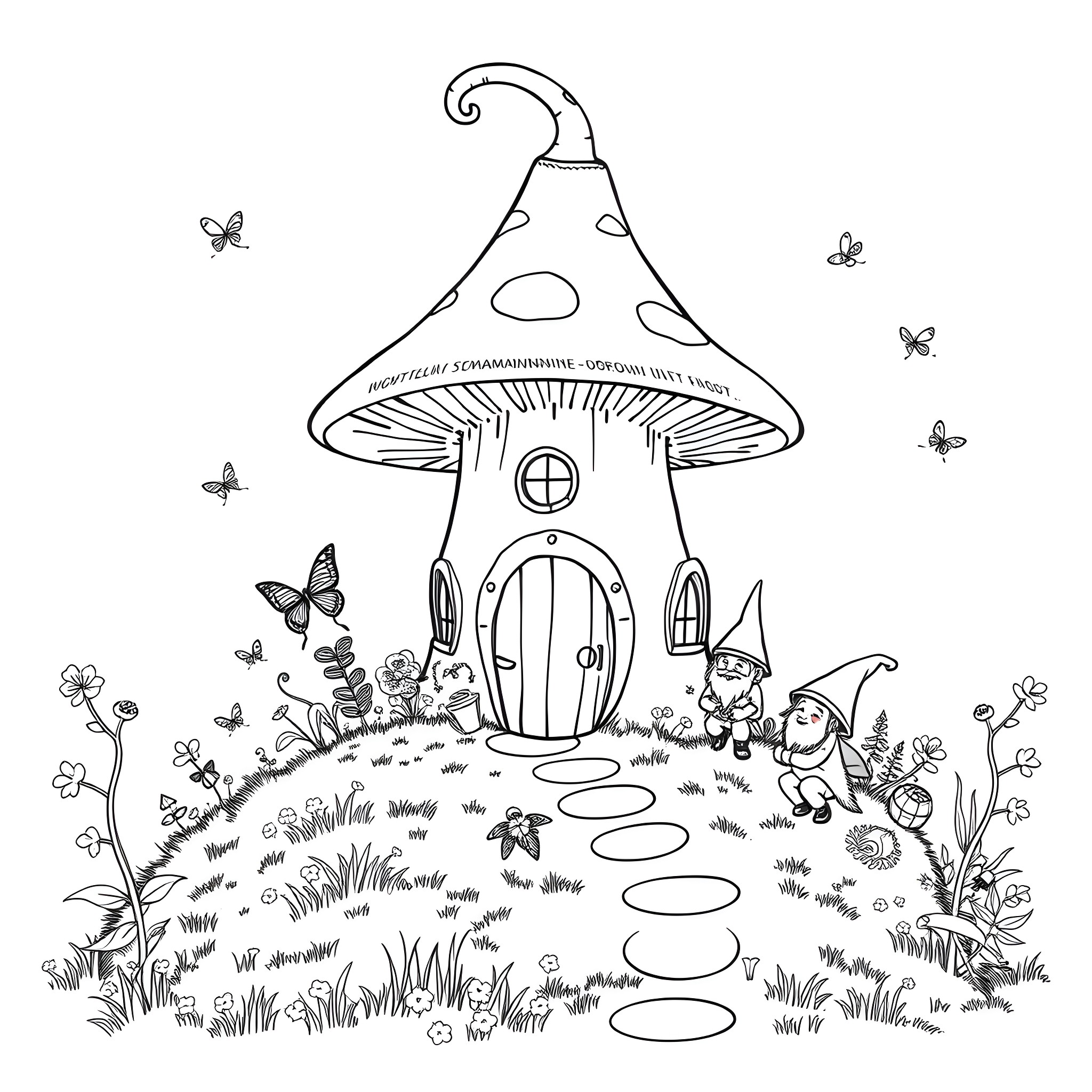 Mushroom Cottage with Playful Gnomes and Butterflies Coloring Page (free black-and-white line drawing printable PDF for all, from beginners to advanced learners, including children, teens, adults, and seniors)