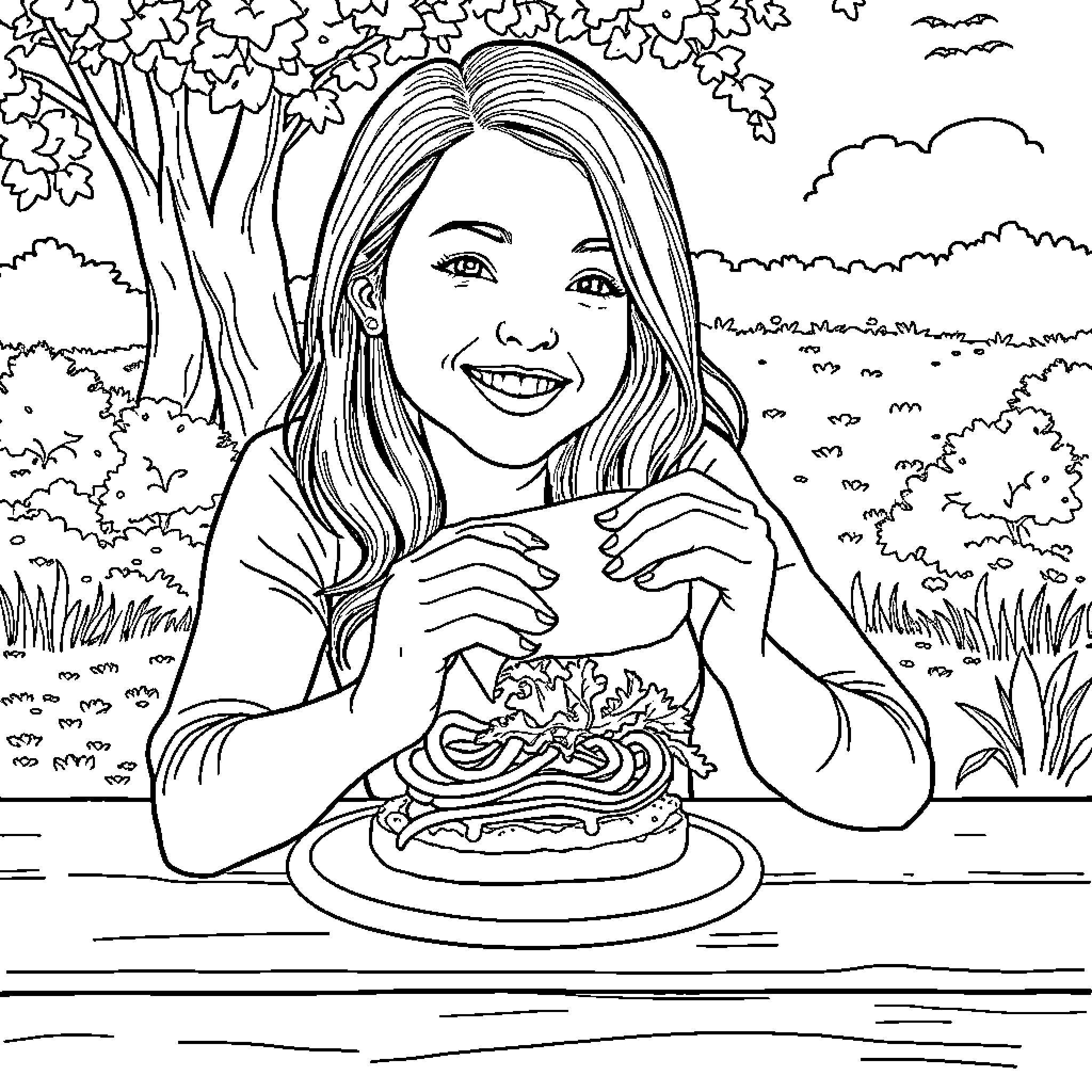 Leah Williamson enjoys a delightful outdoor picnic Coloring Page (free black-and-white line drawing printable PDF for all, from beginners to advanced learners, including children, teens, adults, and seniors)