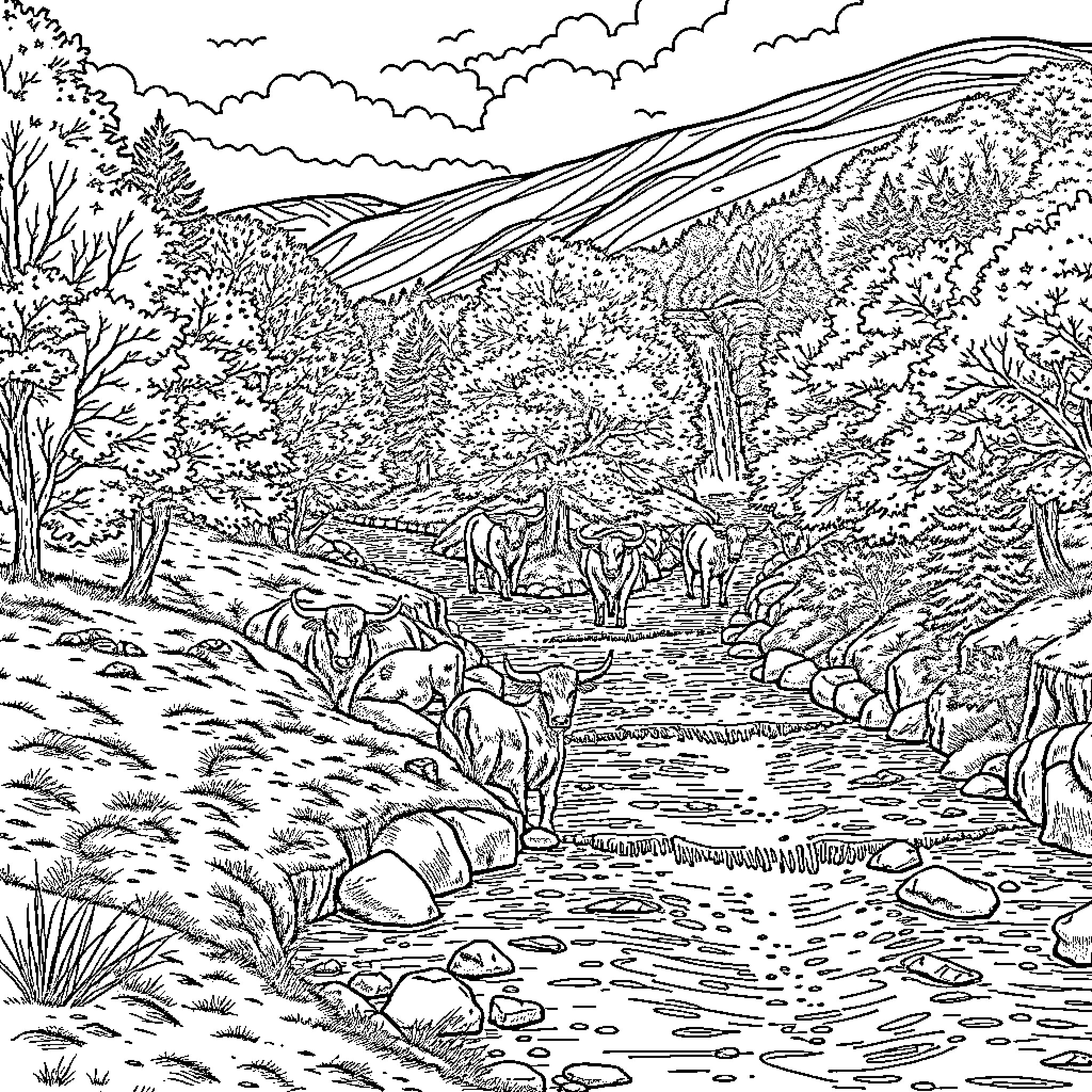 Cows grazing peacefully in a serene mountain landscape Coloring Page (free black-and-white line drawing printable PDF for all, from beginners to advanced learners, including children, teens, adults, and seniors)