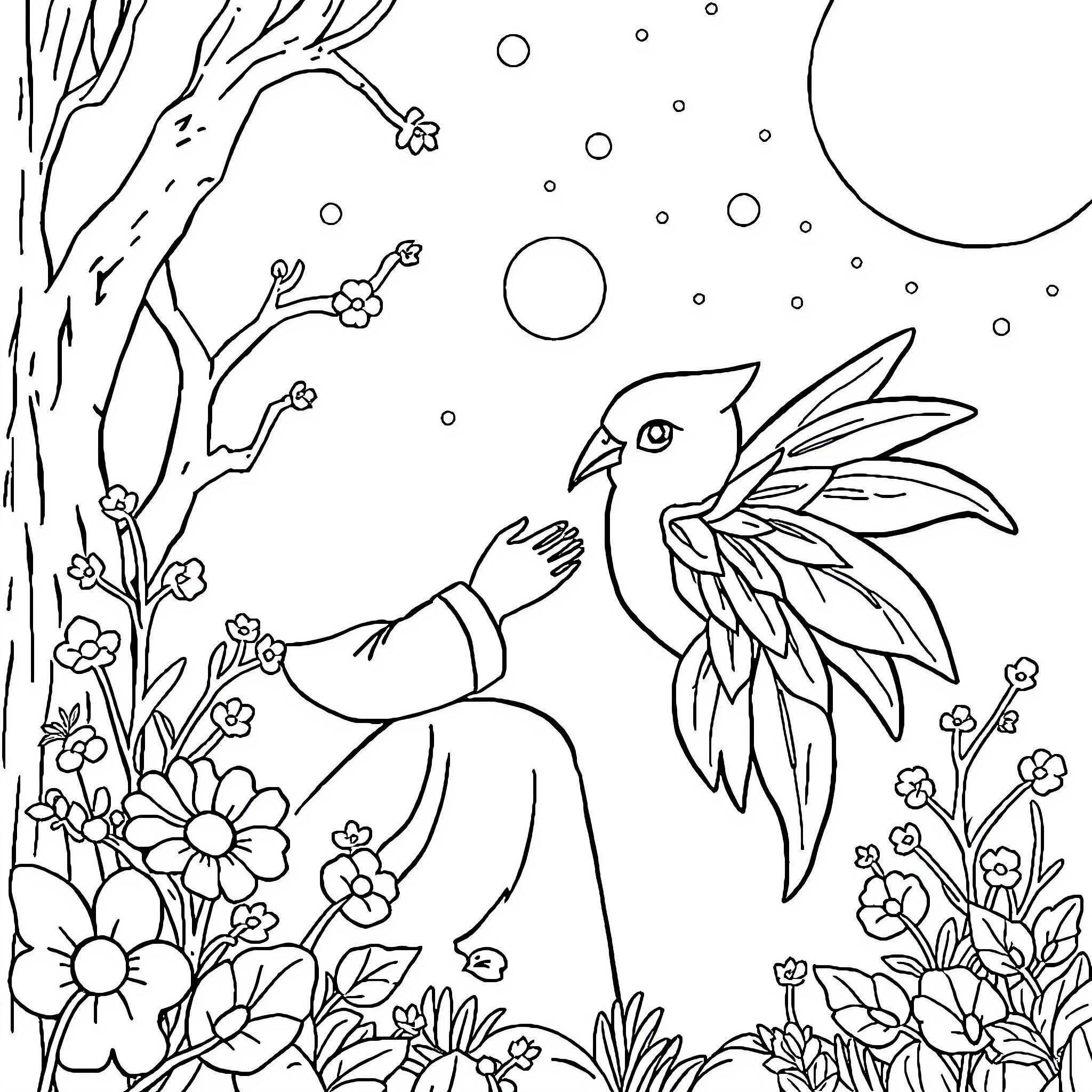 Girl in Enchanted Forest with Magical Bird Coloring Page (free black-and-white line drawing printable PDF for all, from beginners to advanced learners, including children, teens, adults, and seniors)
