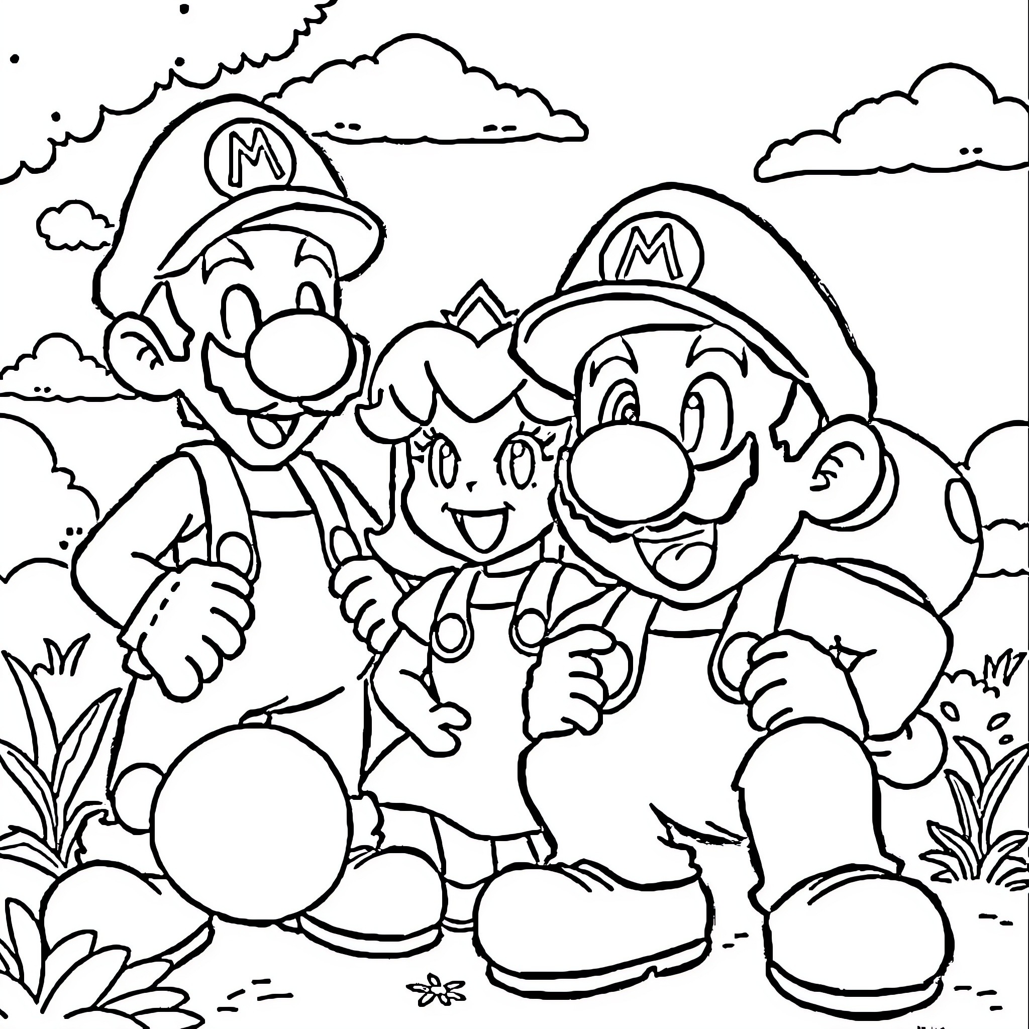 Mario Brothers Exploring the Outdoors Coloring Page (free black-and-white line drawing printable PDF for all, from beginners to advanced learners, including children, teens, adults, and seniors)
