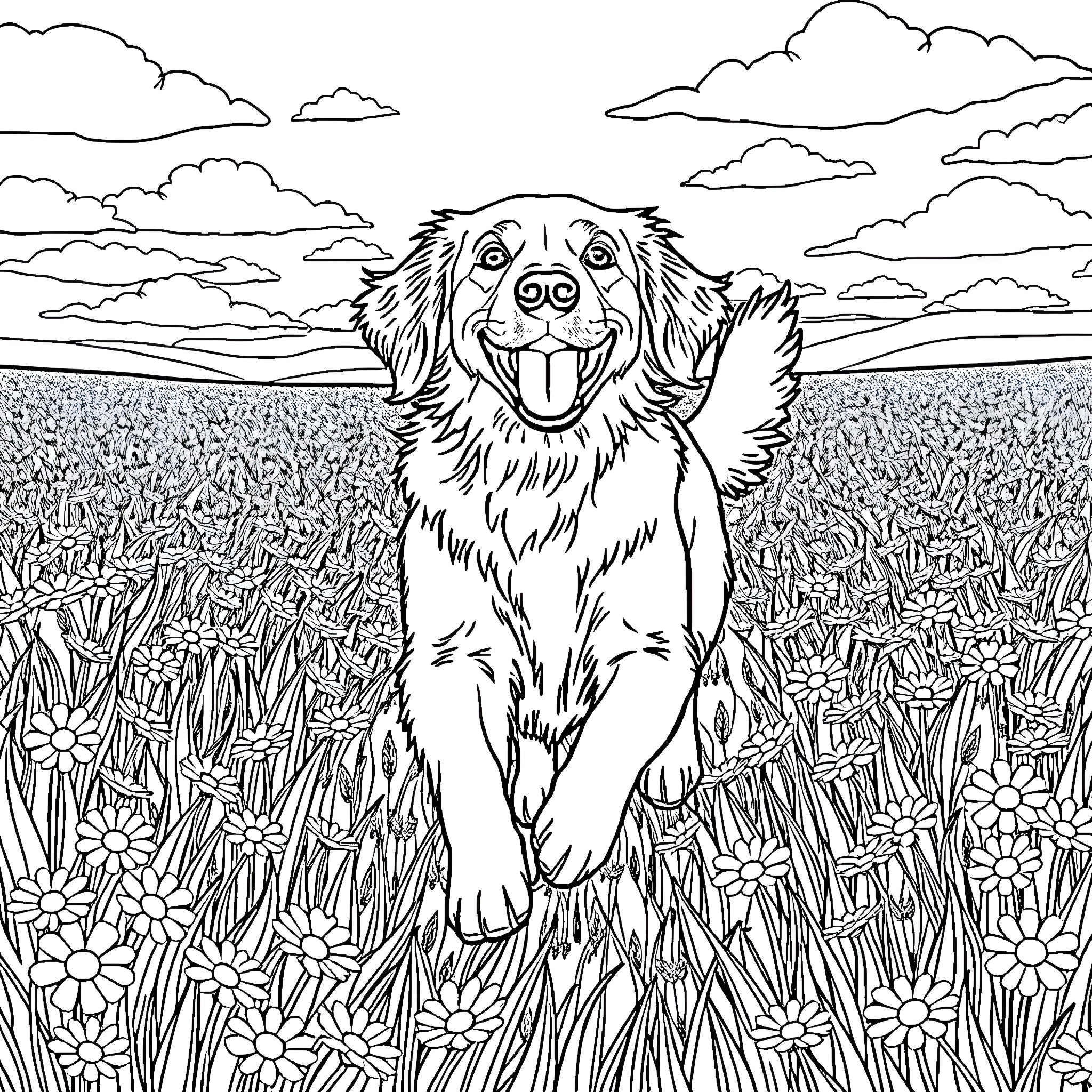 Golden Retriever joyfully running through flower field Coloring Page (free black-and-white line drawing printable PDF for all, from beginners to advanced learners, including children, teens, adults, and seniors)