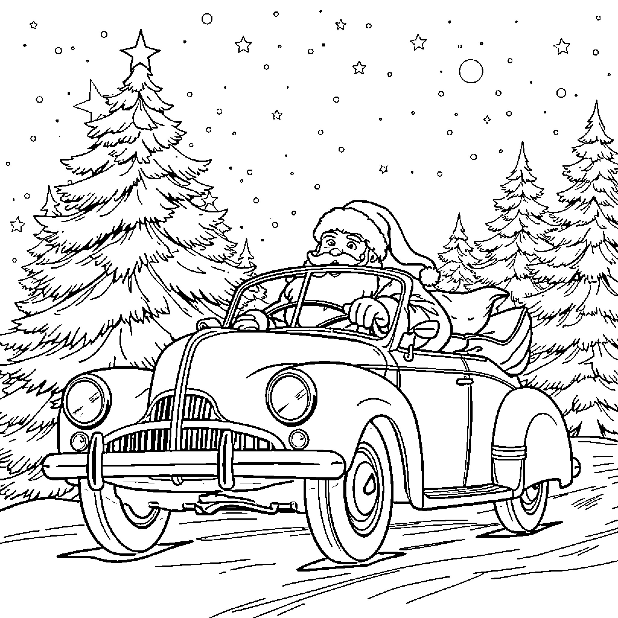 Santa driving vintage car through snowy forest Coloring Page (free black-and-white line drawing printable PDF for all, from beginners to advanced learners, including children, teens, adults, and seniors)