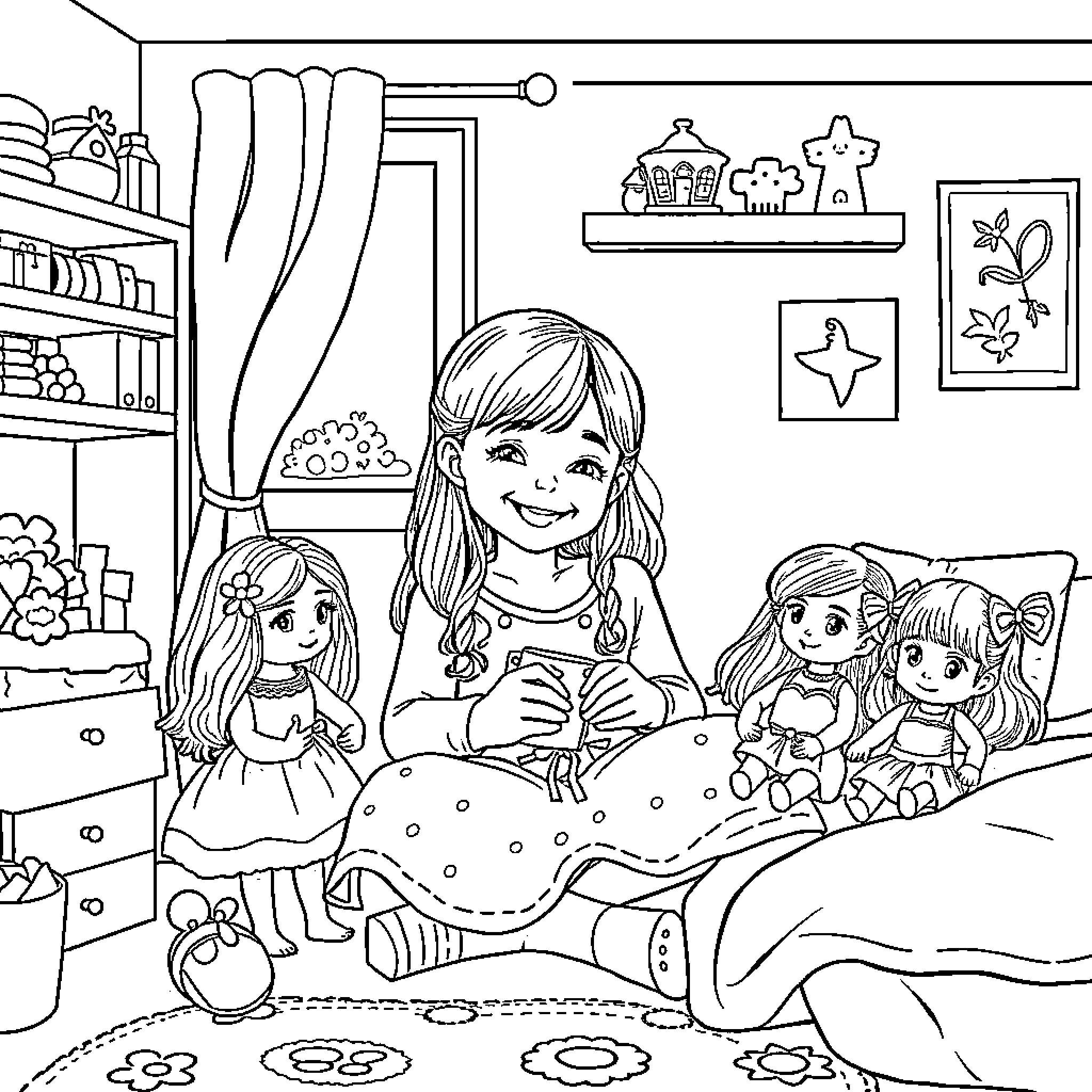 Child playing with dolls in cozy bedroom Coloring Page (free black-and-white line drawing printable PDF for all, from beginners to advanced learners, including children, teens, adults, and seniors)