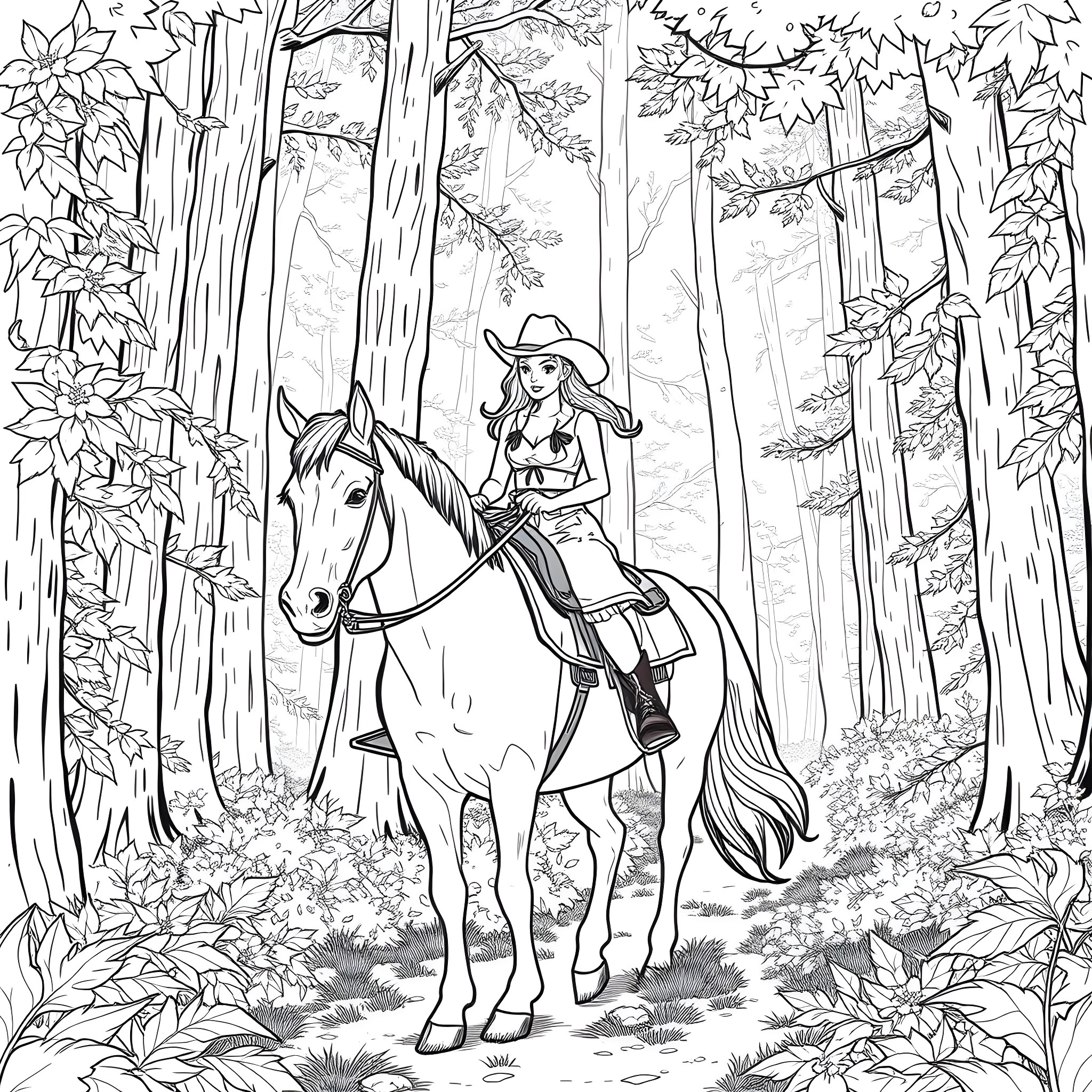Cowgirl riding horse through the forest Coloring Page (free black-and-white line drawing printable PDF for all, from beginners to advanced learners, including children, teens, adults, and seniors)