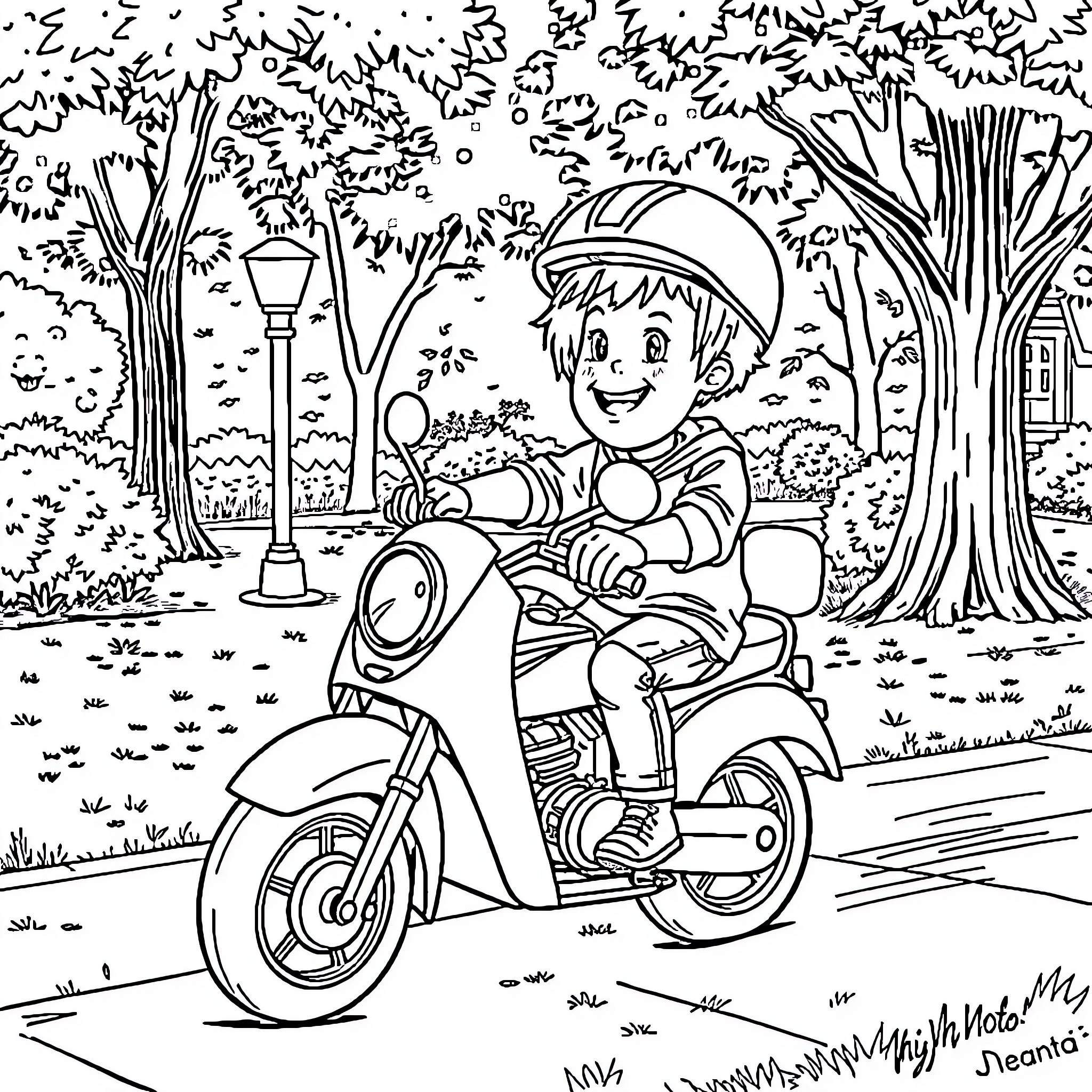 Child riding motorcycle in the park Coloring Page (free black-and-white line drawing printable PDF for all, from beginners to advanced learners, including children, teens, adults, and seniors)