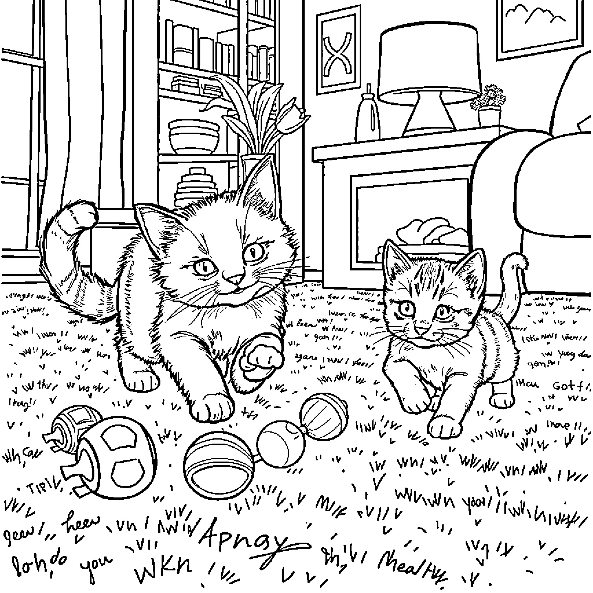 Cat Kittens Exploring Cozy Home Interior Coloring Page (free black-and-white line drawing printable PDF for all, from beginners to advanced learners, including children, teens, adults, and seniors)