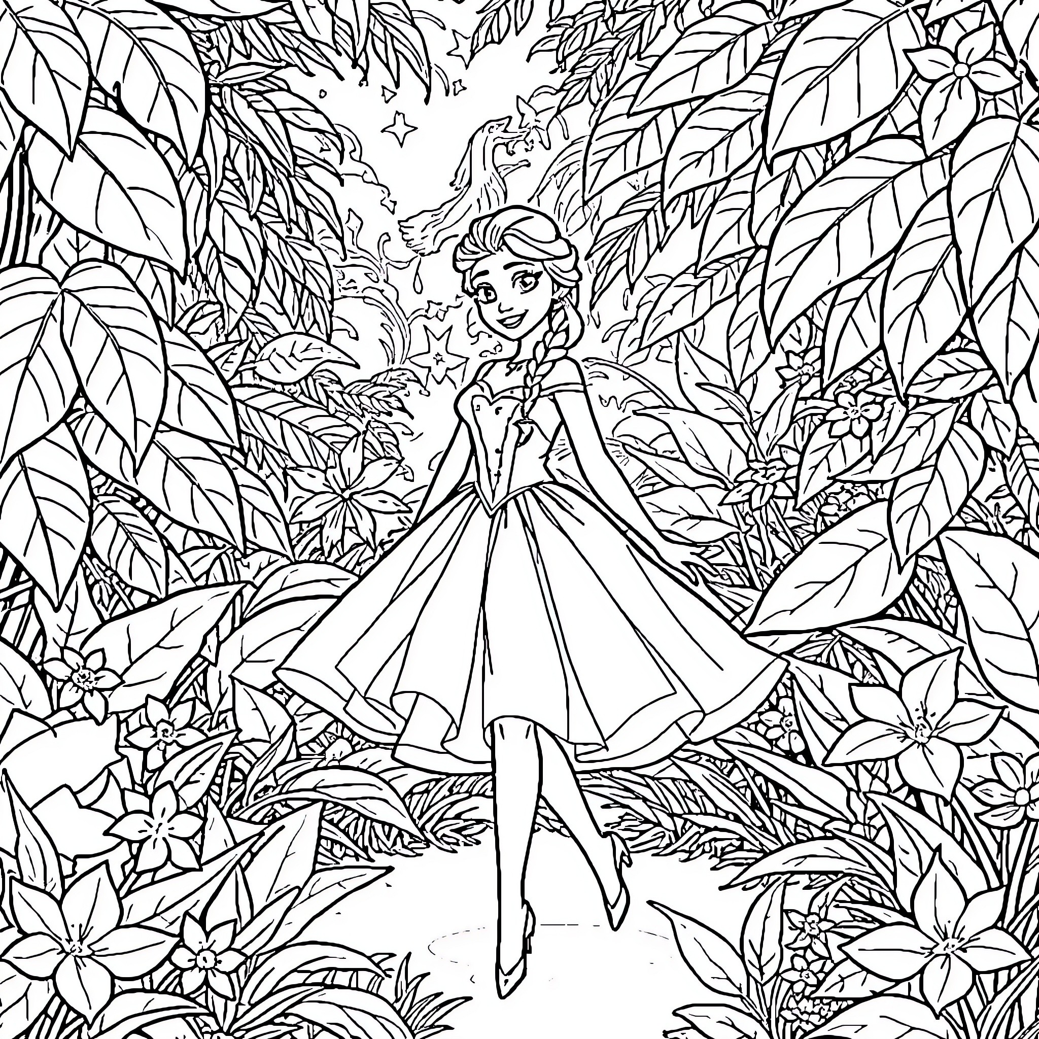 Elsa's Enchanted Forest Adventure Coloring Page (free black-and-white line drawing printable PDF for all, from beginners to advanced learners, including children, teens, adults, and seniors)