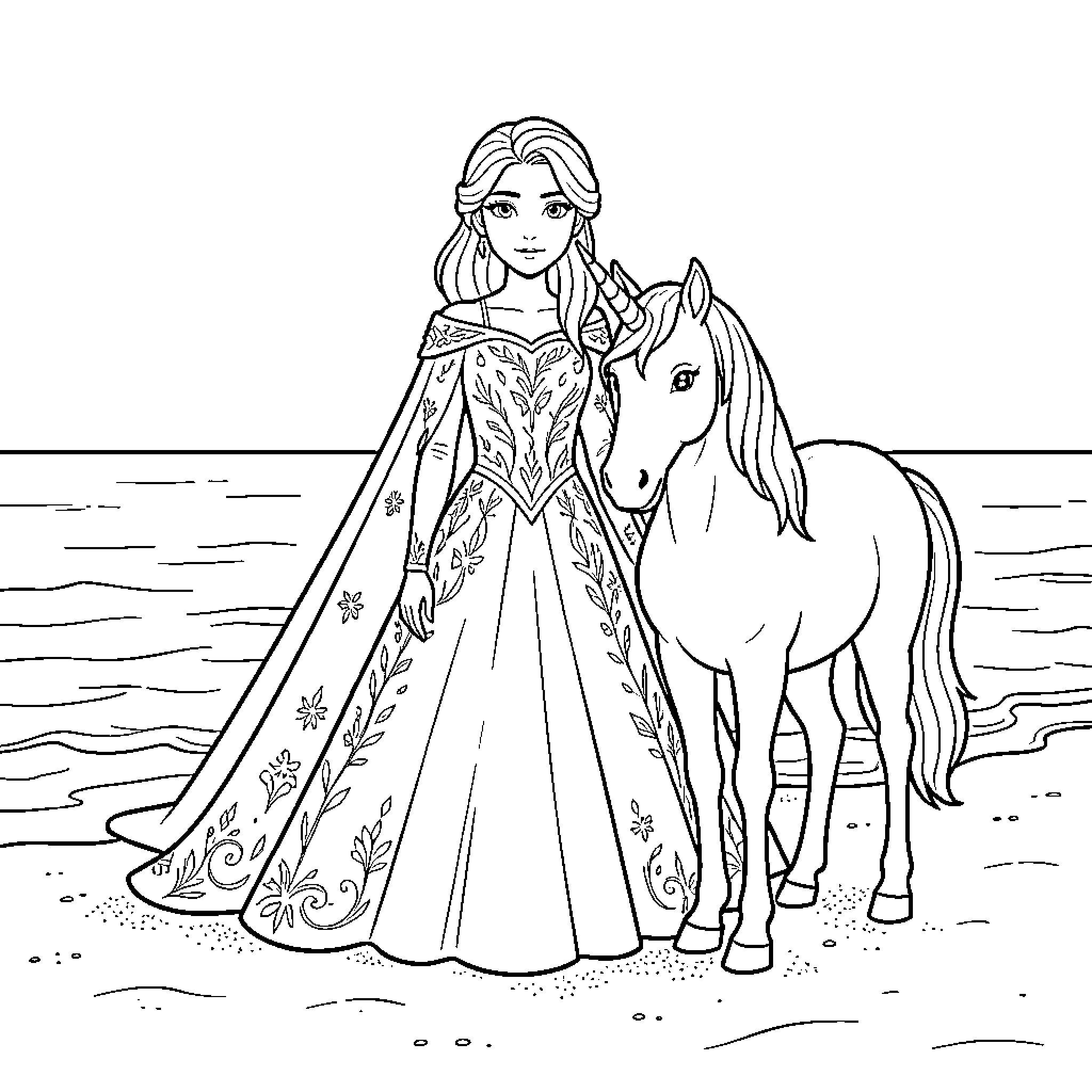 Queen standing gracefully with a unicorn on the beach Coloring Page (free black-and-white line drawing printable PDF for all, from beginners to advanced learners, including children, teens, adults, and seniors)