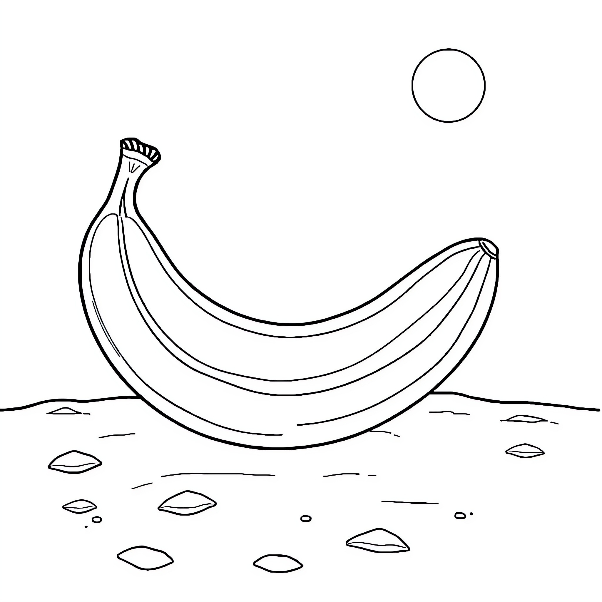 Banana resting on the ground surrounded by stones Coloring Page (free black-and-white line drawing printable PDF for all, from beginners to advanced learners, including children, teens, adults, and seniors)