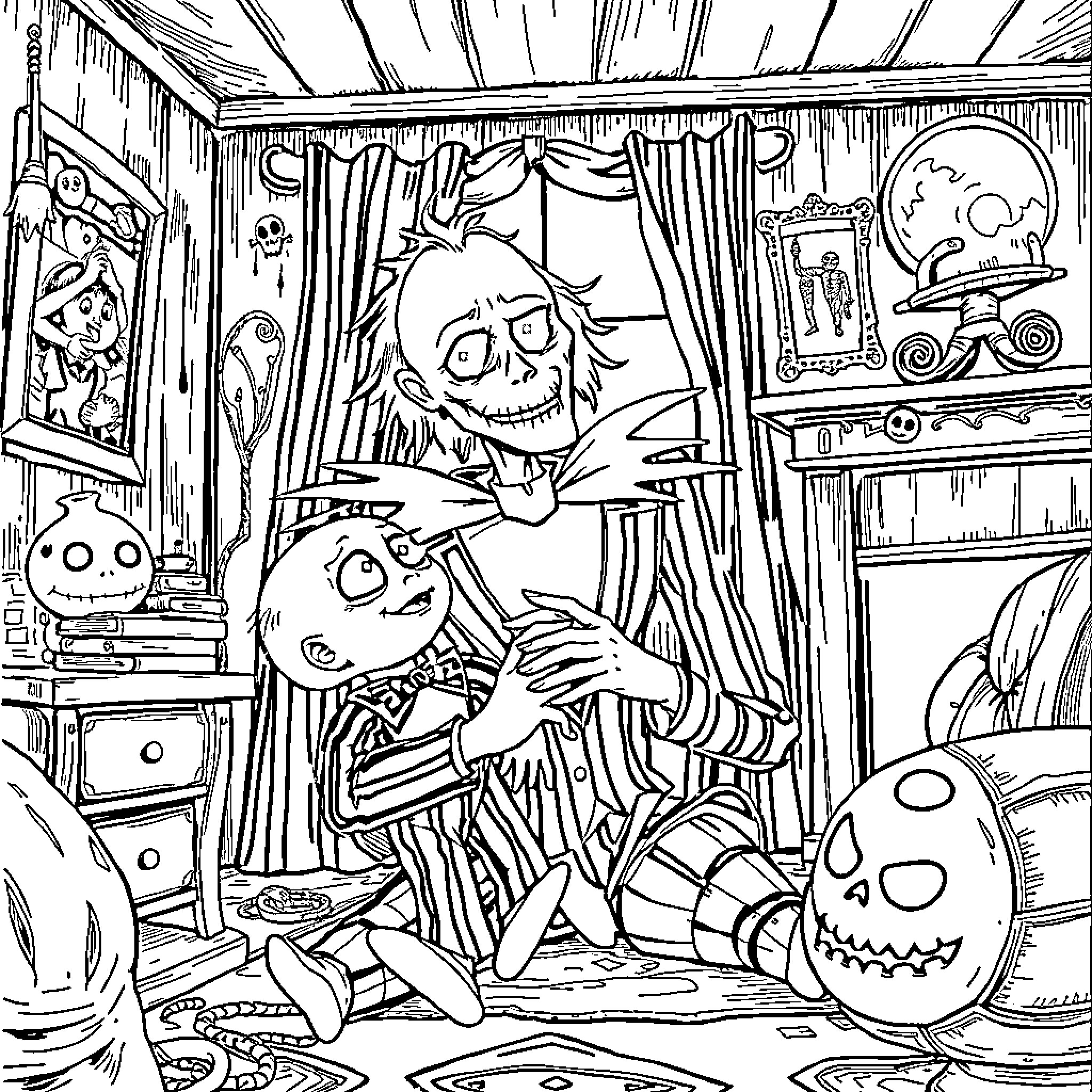 Beetlejuice's chaotic and eccentric bedroom adventure Coloring Page (free black-and-white line drawing printable PDF for all, from beginners to advanced learners, including children, teens, adults, and seniors)