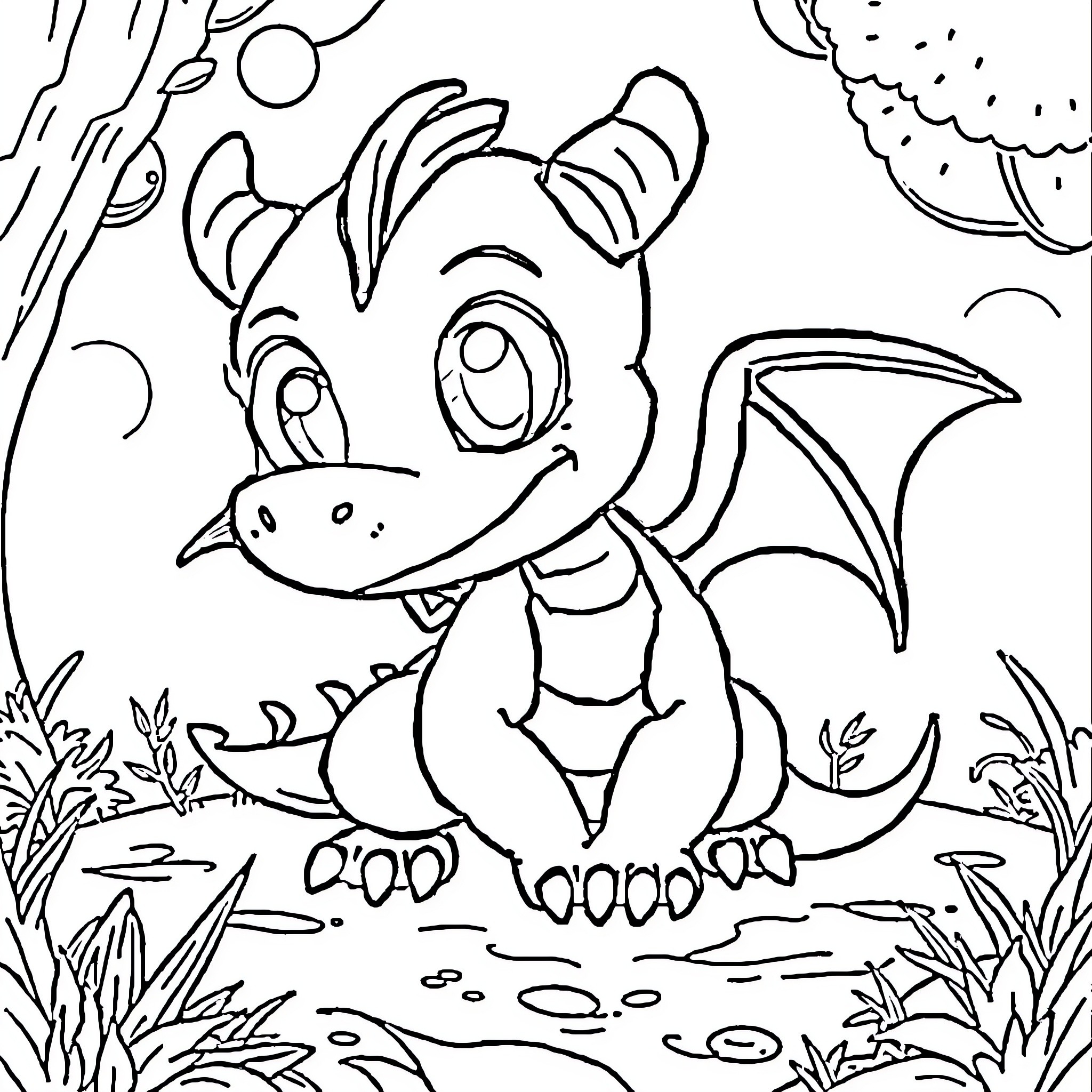 Krokmou the playful dragon in a lush landscape Coloring Page (free black-and-white line drawing printable PDF for all, from beginners to advanced learners, including children, teens, adults, and seniors)