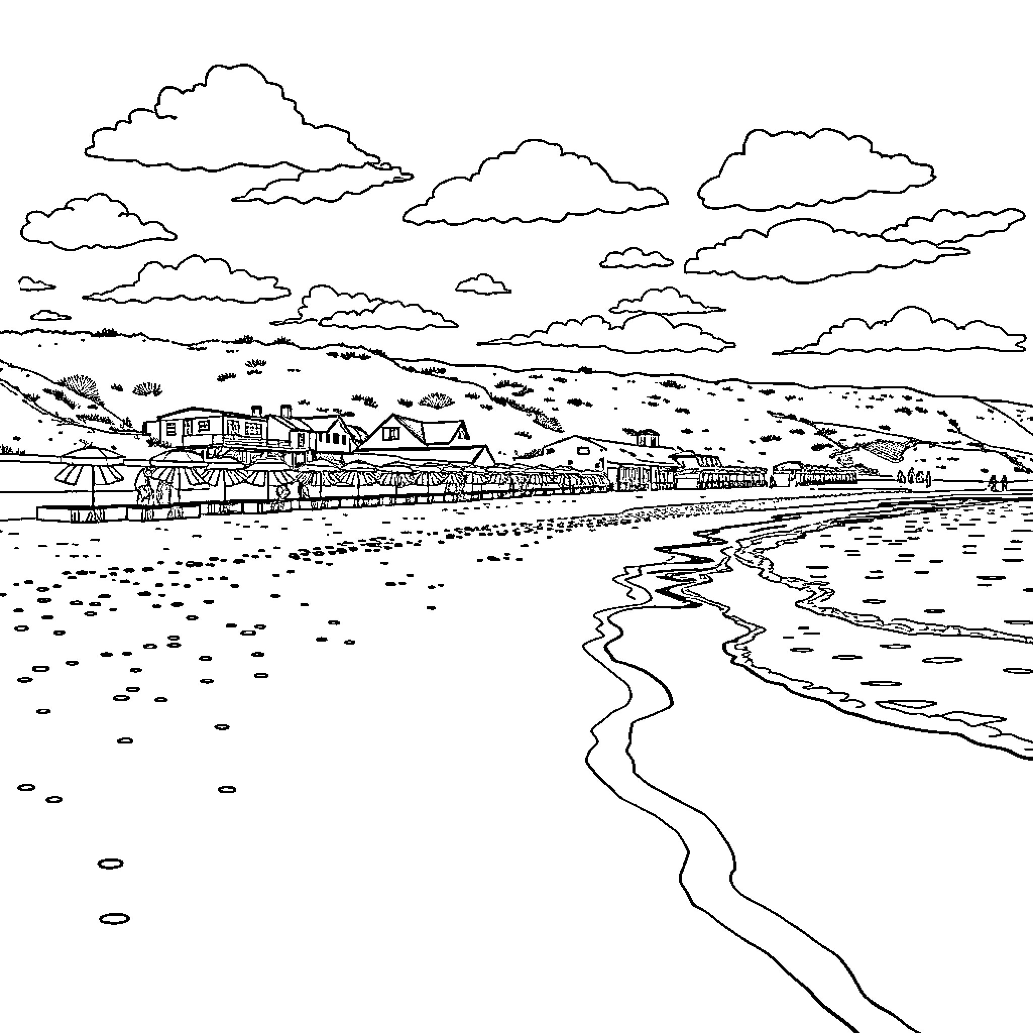 Beach scene with buildings and clouds Coloring Page (free black-and-white line drawing printable PDF for all, from beginners to advanced learners, including children, teens, adults, and seniors)