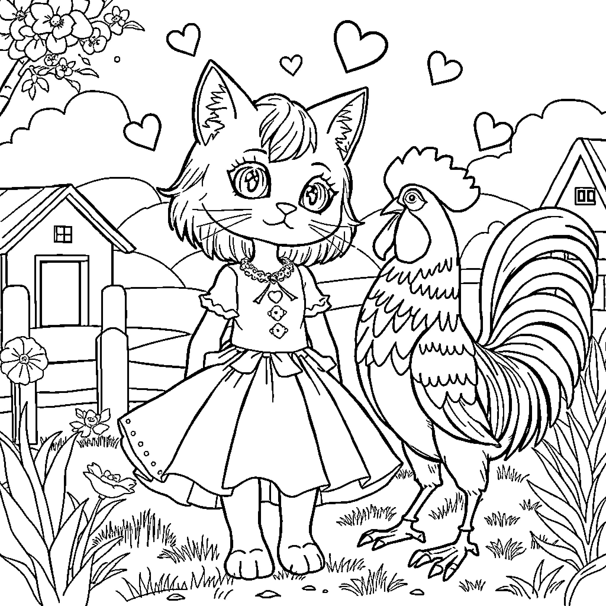 Cat Girl in a Whimsical Countryside Scene Coloring Page (free black-and-white line drawing printable PDF for all, from beginners to advanced learners, including children, teens, adults, and seniors)