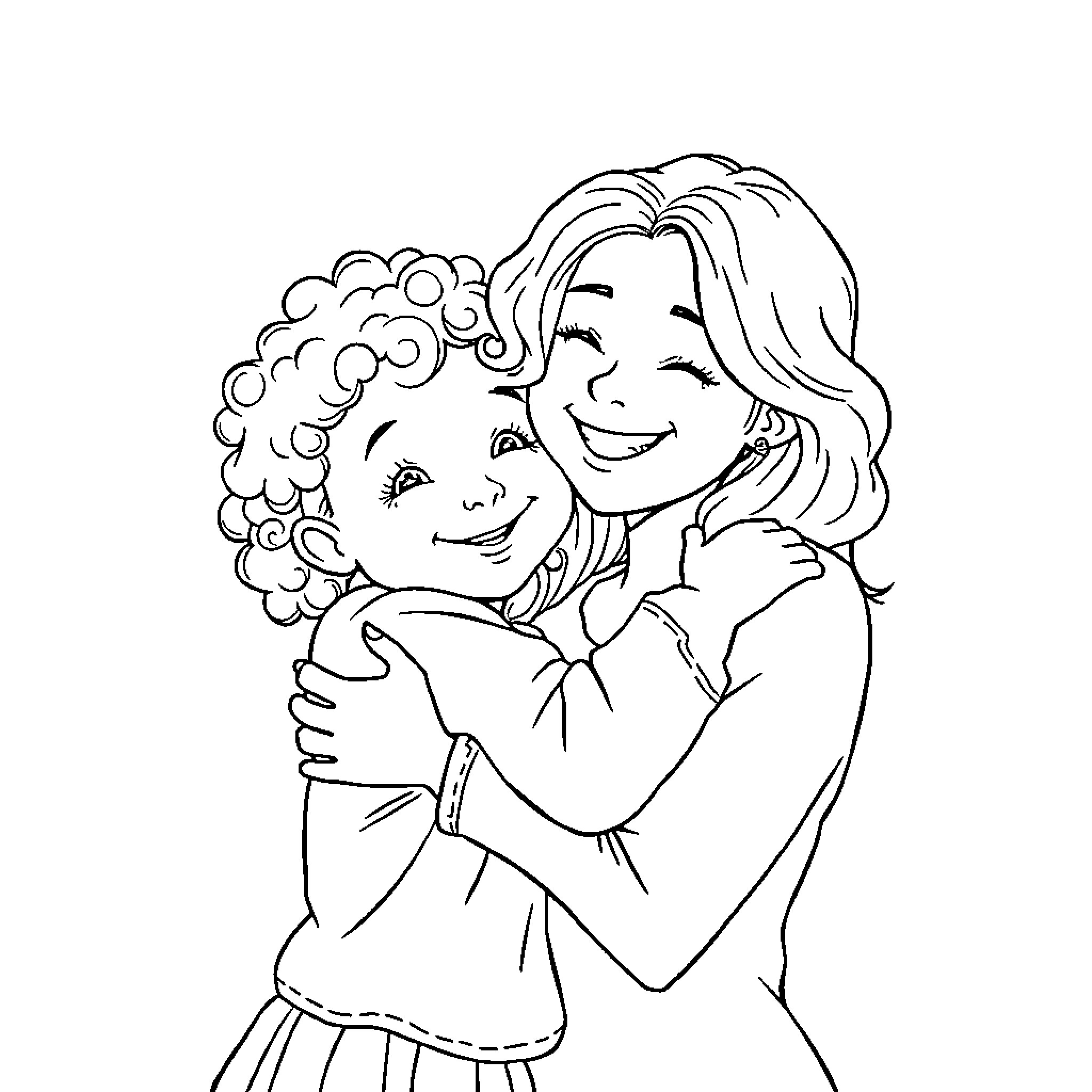 Girl Embracing a Smiling Child Coloring Page (free black-and-white line drawing printable PDF for all, from beginners to advanced learners, including children, teens, adults, and seniors)