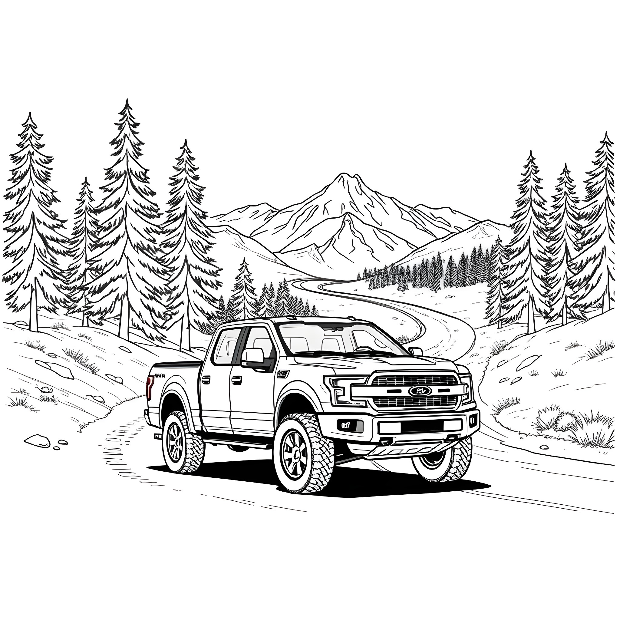 Pick Up Truck Driving Through Scenic Mountain Landscape Coloring Page (free black-and-white line drawing printable PDF for all, from beginners to advanced learners, including children, teens, adults, and seniors)