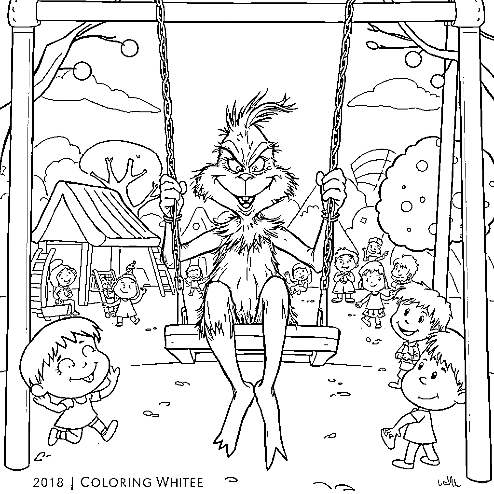 Grinch Enjoying Swinging with Children Coloring Page (free black-and-white line drawing printable PDF for all, from beginners to advanced learners, including children, teens, adults, and seniors)