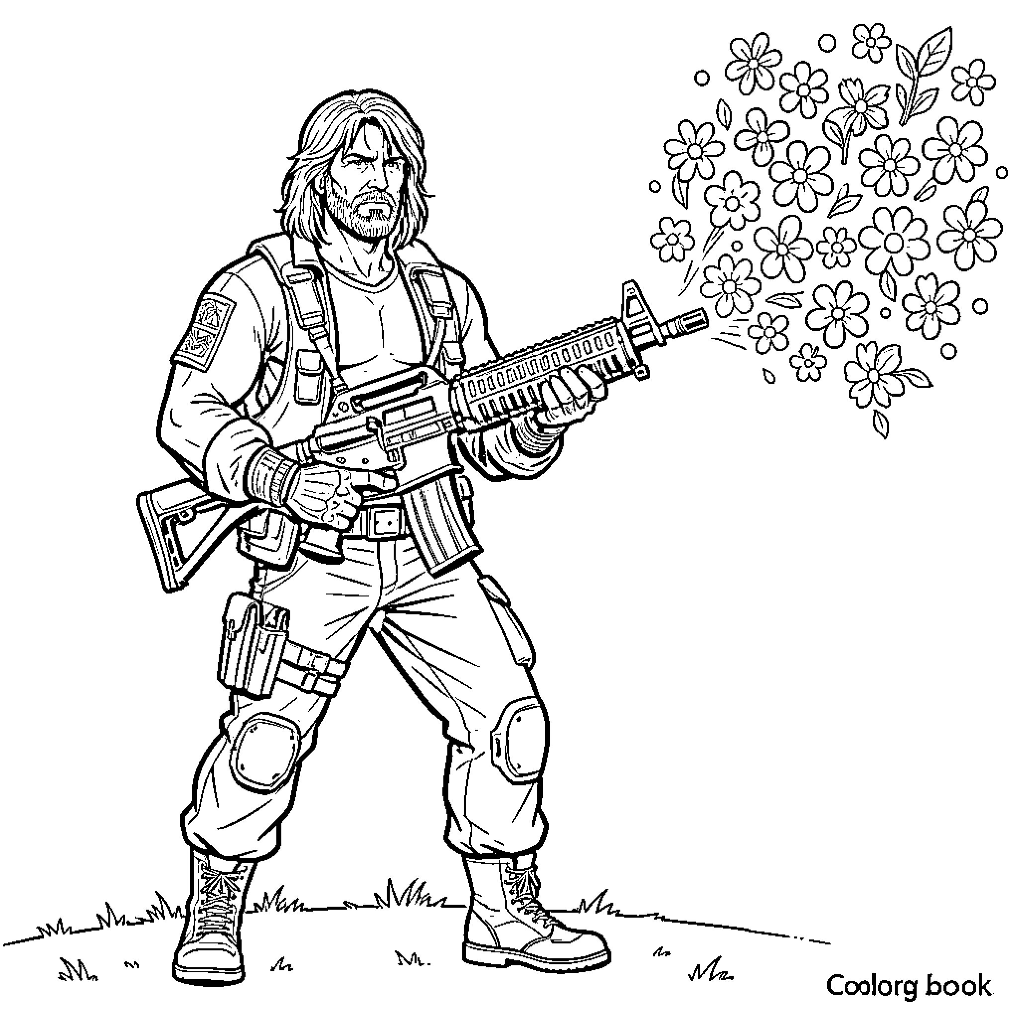 Rambo's Floral Assault Coloring Page (free black-and-white line drawing printable PDF for all, from beginners to advanced learners, including children, teens, adults, and seniors)