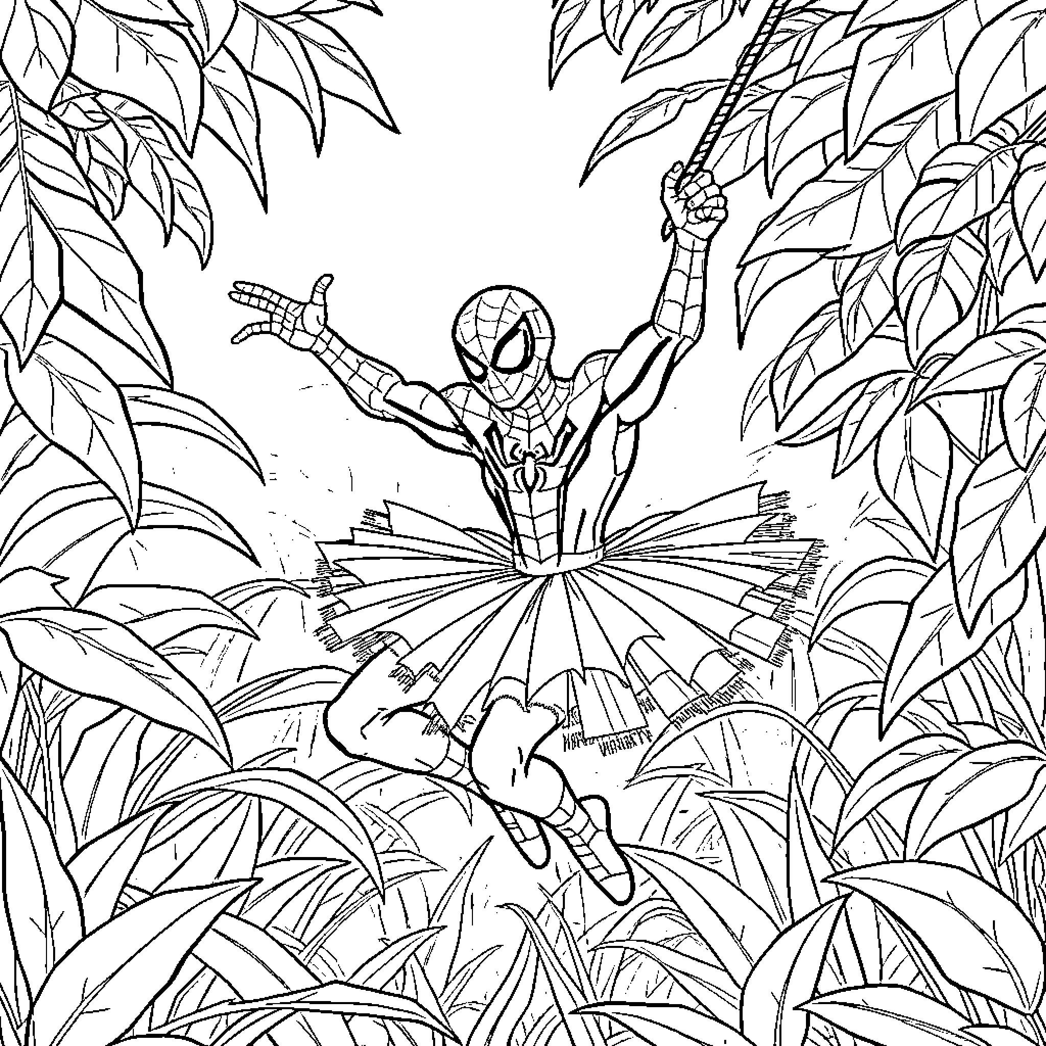 Spiderman swinging through the jungle foliage Coloring Page (free black-and-white line drawing printable PDF for all, from beginners to advanced learners, including children, teens, adults, and seniors)