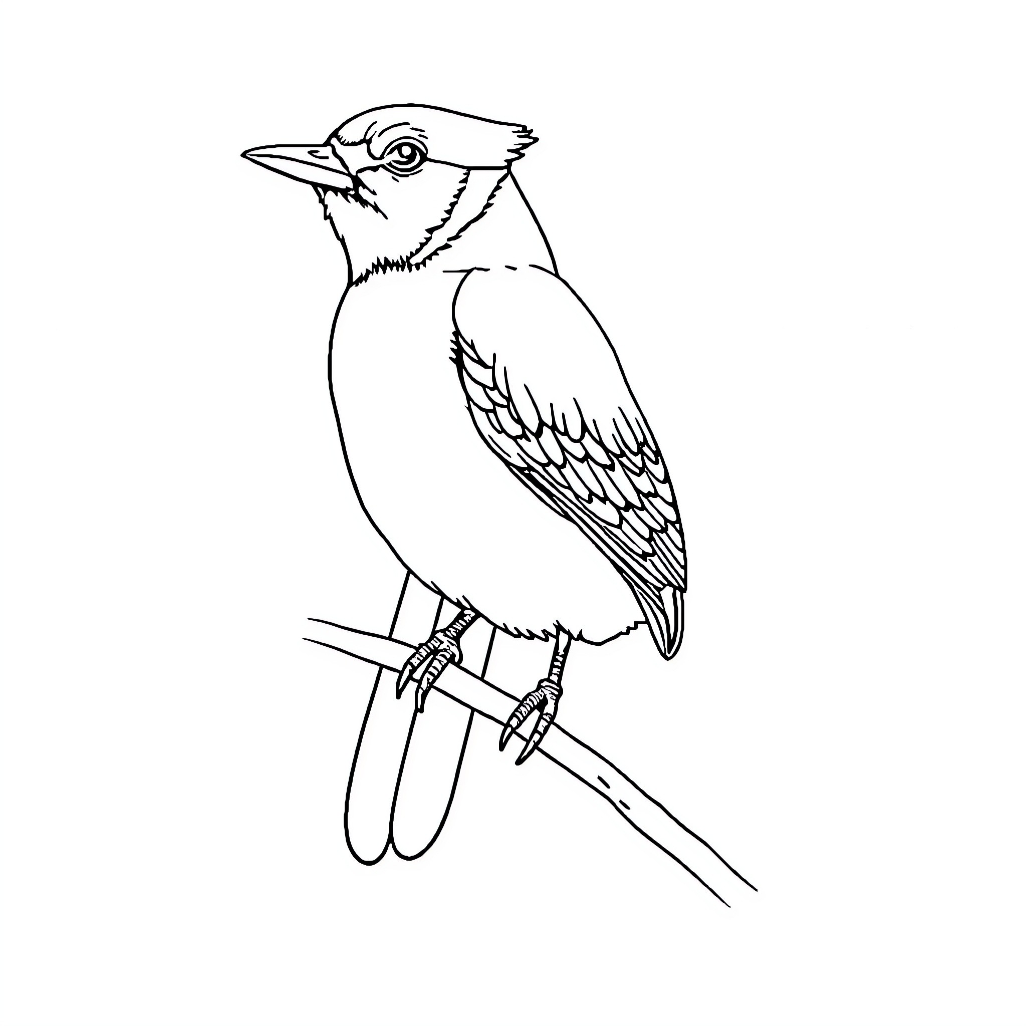Bluejay perched on a branch Coloring Page (free black-and-white line drawing printable PDF for all, from beginners to advanced learners, including children, teens, adults, and seniors)