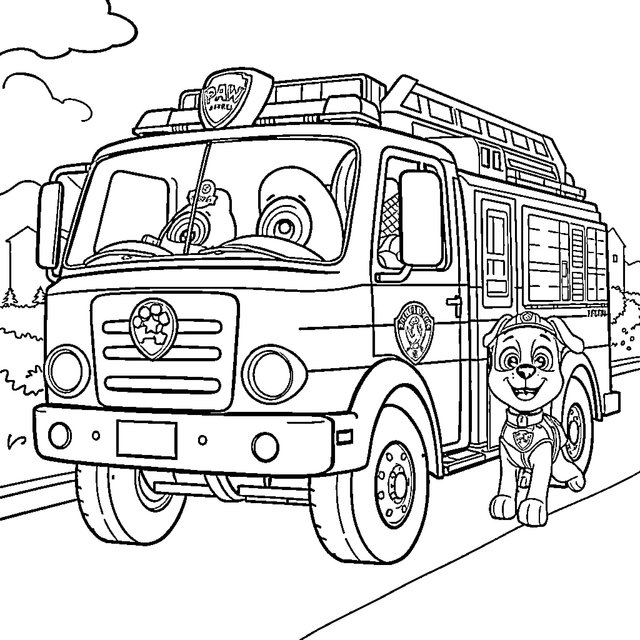 Fire Truck Responding to Emergency Call Coloring Page (free black-and-white line drawing printable PDF for all, from beginners to advanced learners, including children, teens, adults, and seniors)