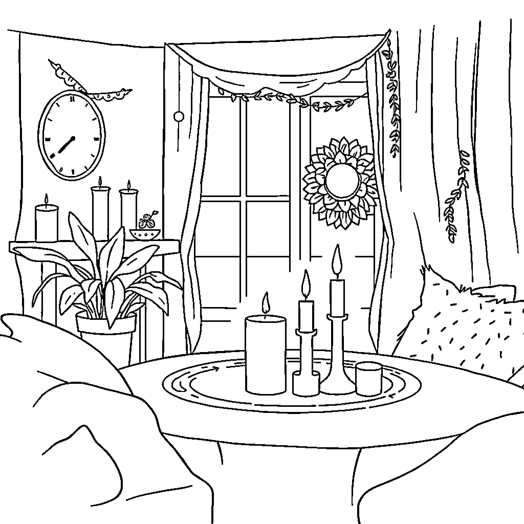 Self Care Moments of Relaxation and Solace Coloring Page (free black-and-white line drawing printable PDF for all, from beginners to advanced learners, including children, teens, adults, and seniors)