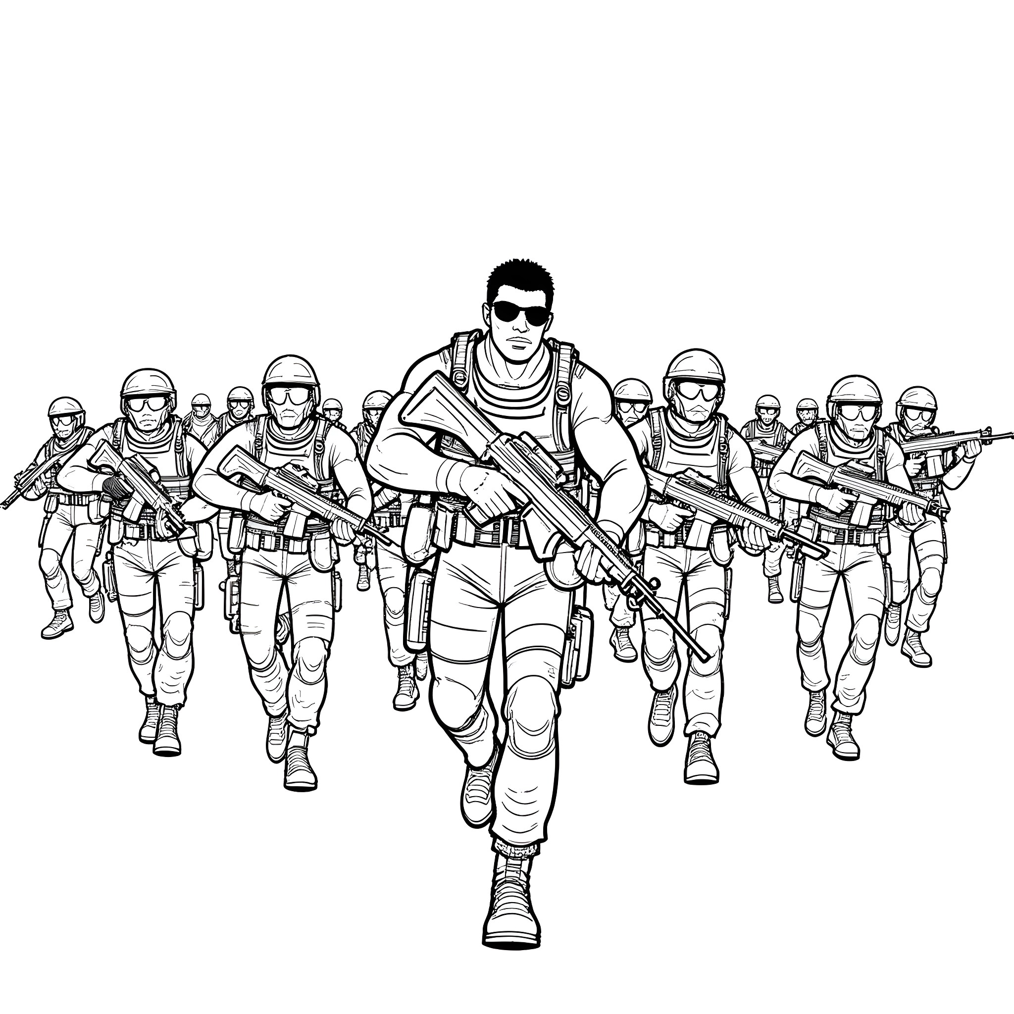 Soldier leading a squad of combat-ready troops Coloring Page (free black-and-white line drawing printable PDF for all, from beginners to advanced learners, including children, teens, adults, and seniors)