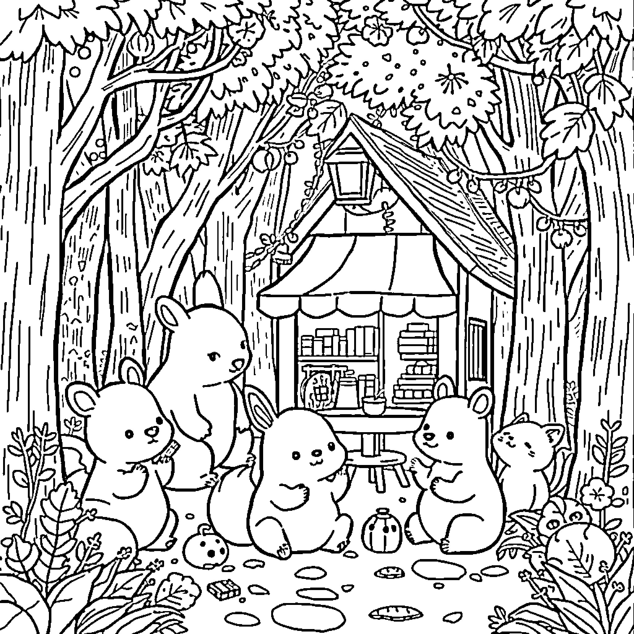 Animal group playing near a tent in the forest Coloring Page (free black-and-white line drawing printable PDF for all, from beginners to advanced learners, including children, teens, adults, and seniors)