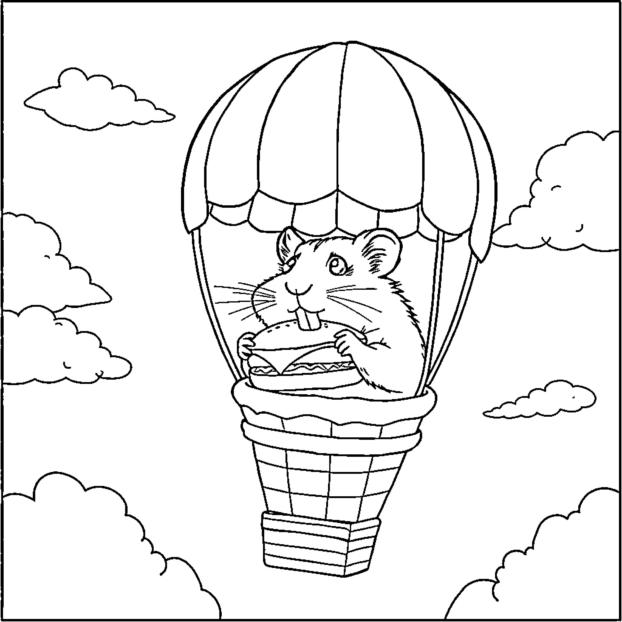 Hamster riding a hot air balloon Coloring Page (free black-and-white line drawing printable PDF for all, from beginners to advanced learners, including children, teens, adults, and seniors)