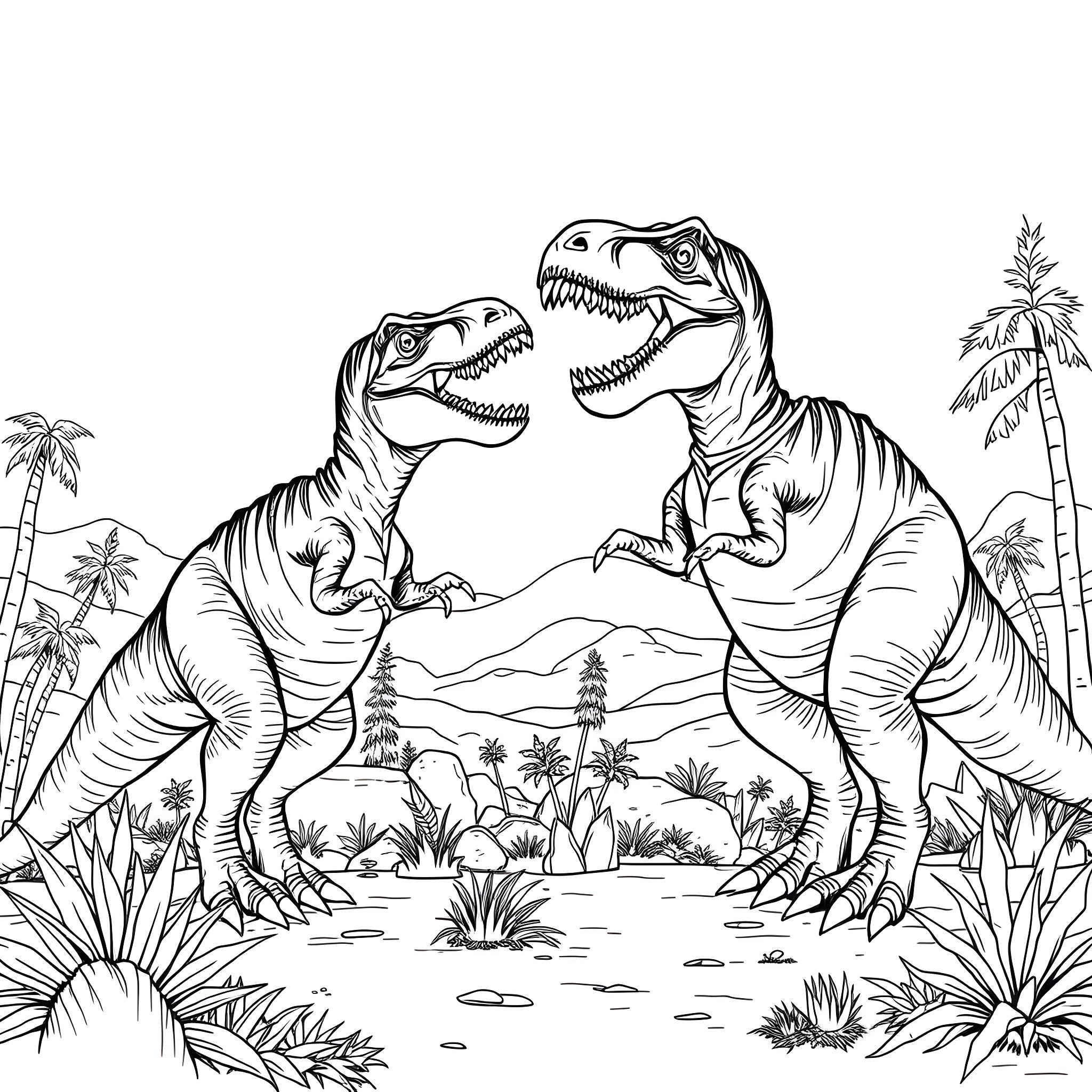 Rex Dinosaurs Battling in Prehistoric Landscape Coloring Page (free black-and-white line drawing printable PDF for all, from beginners to advanced learners, including children, teens, adults, and seniors)