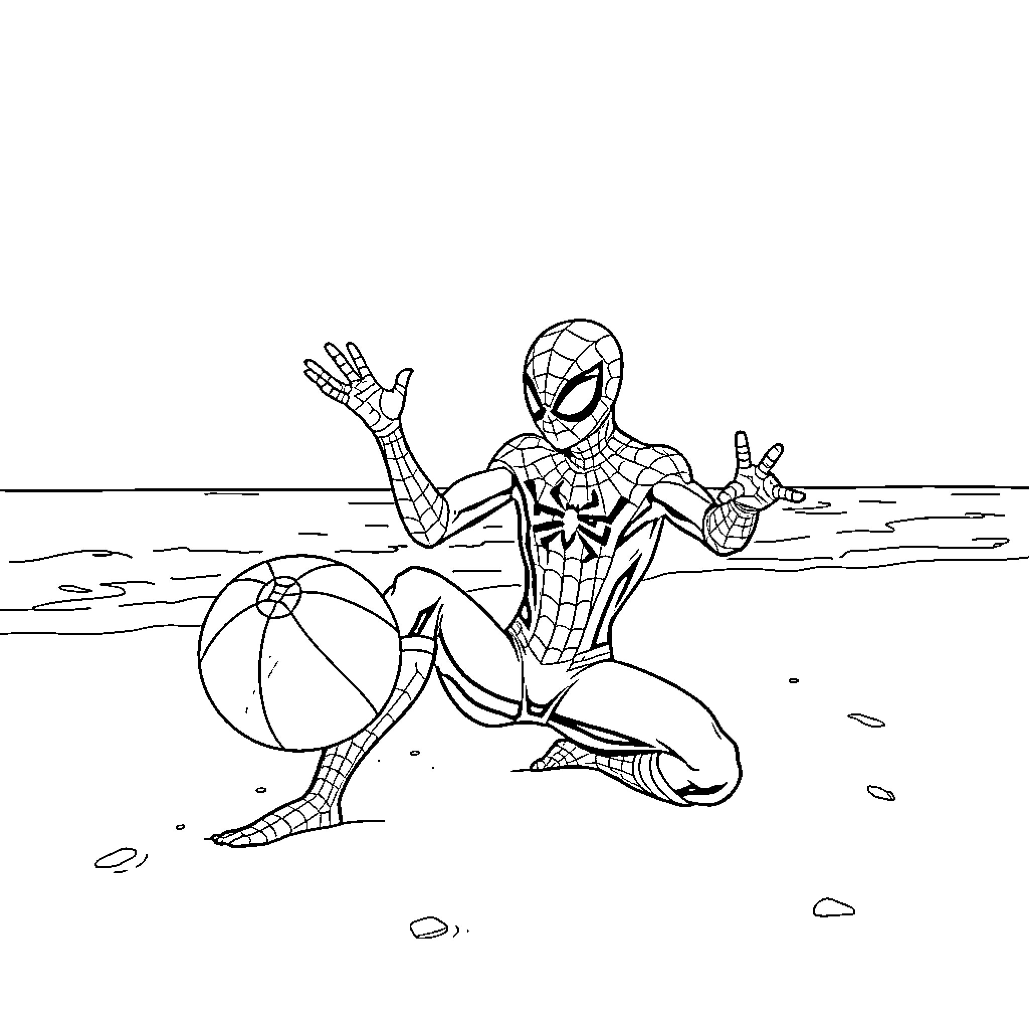 Spider-Man playing with a beach ball on the sand Coloring Page (free black-and-white line drawing printable PDF for all, from beginners to advanced learners, including children, teens, adults, and seniors)