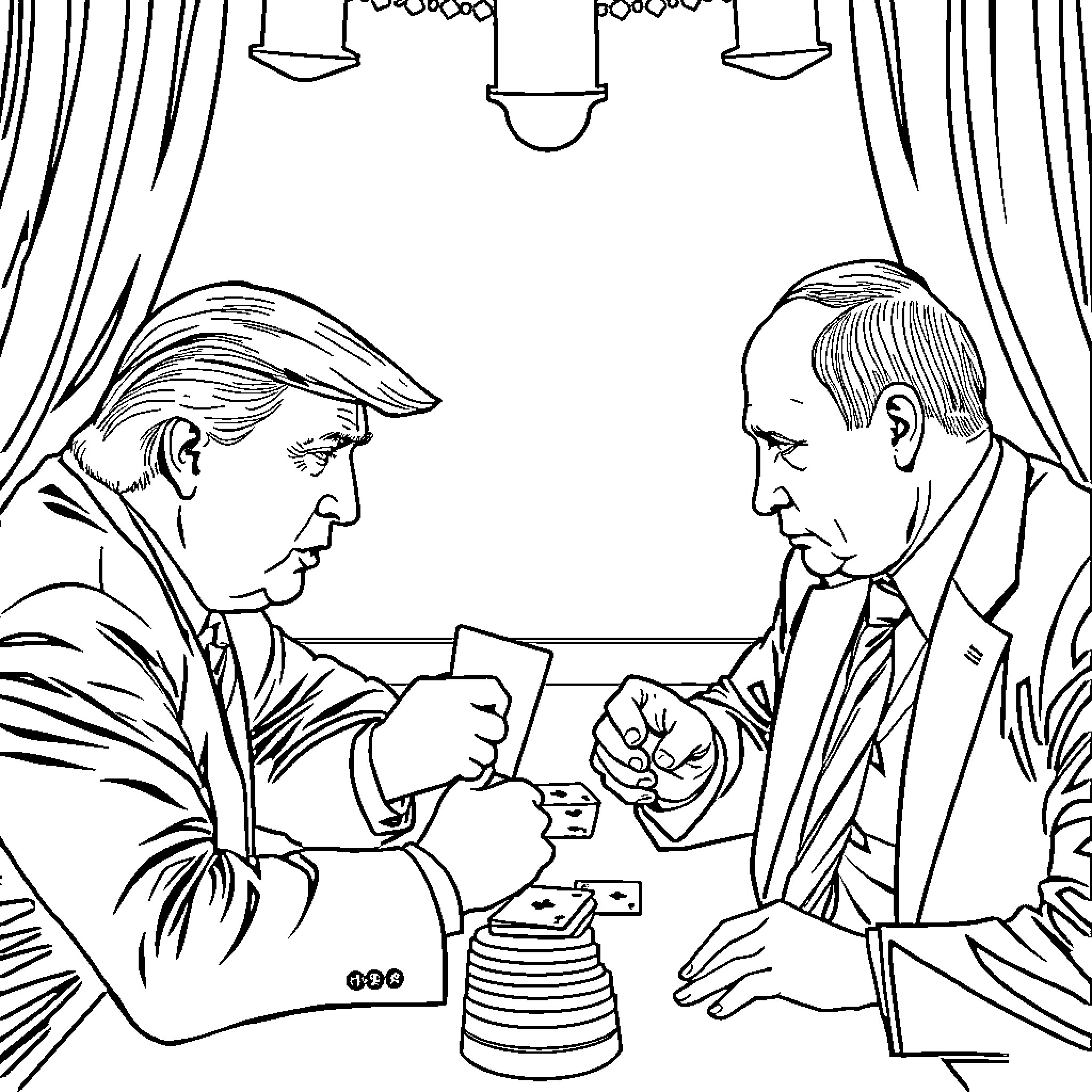 Trump meets with political rival behind closed curtains Coloring Page (free black-and-white line drawing printable PDF for all, from beginners to advanced learners, including children, teens, adults, and seniors)