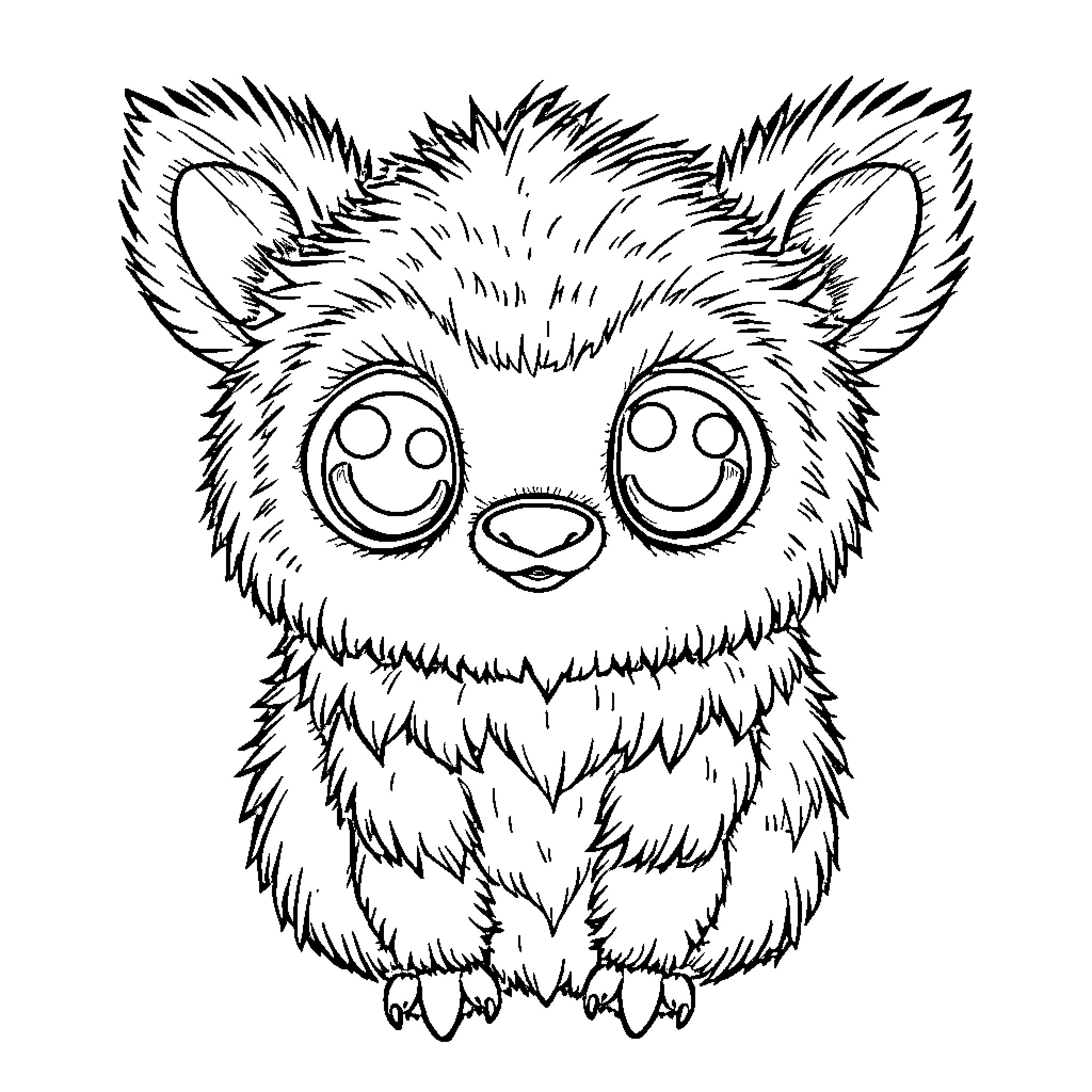 Labubu Fluffy Creature with Adorable Eyes Coloring Page (free black-and-white line drawing printable PDF for all, from beginners to advanced learners, including children, teens, adults, and seniors)