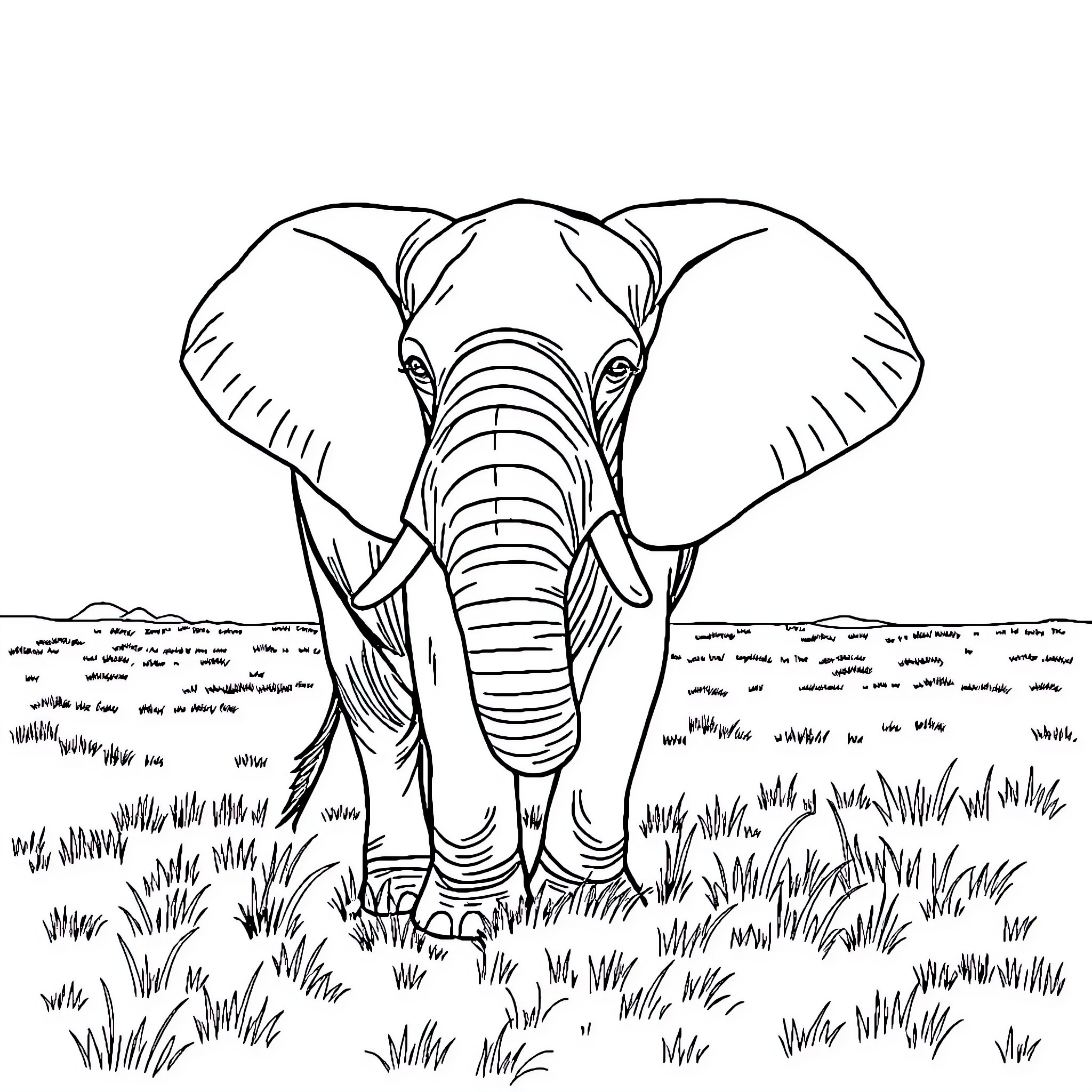 Elephant walking through the grasslands Coloring Page (free black-and-white line drawing printable PDF for all, from beginners to advanced learners, including children, teens, adults, and seniors)