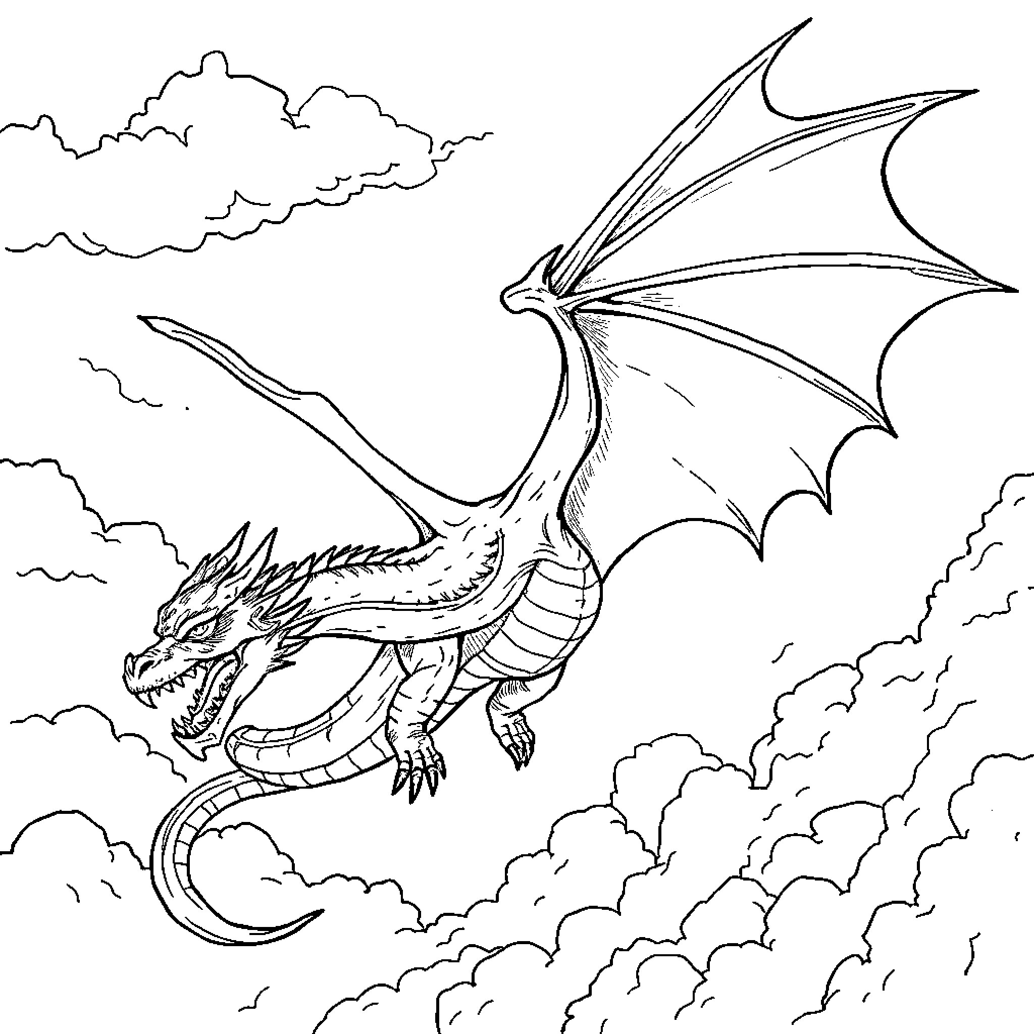 Dragon soaring through the cloudy skies Coloring Page (free black-and-white line drawing printable PDF for all, from beginners to advanced learners, including children, teens, adults, and seniors)