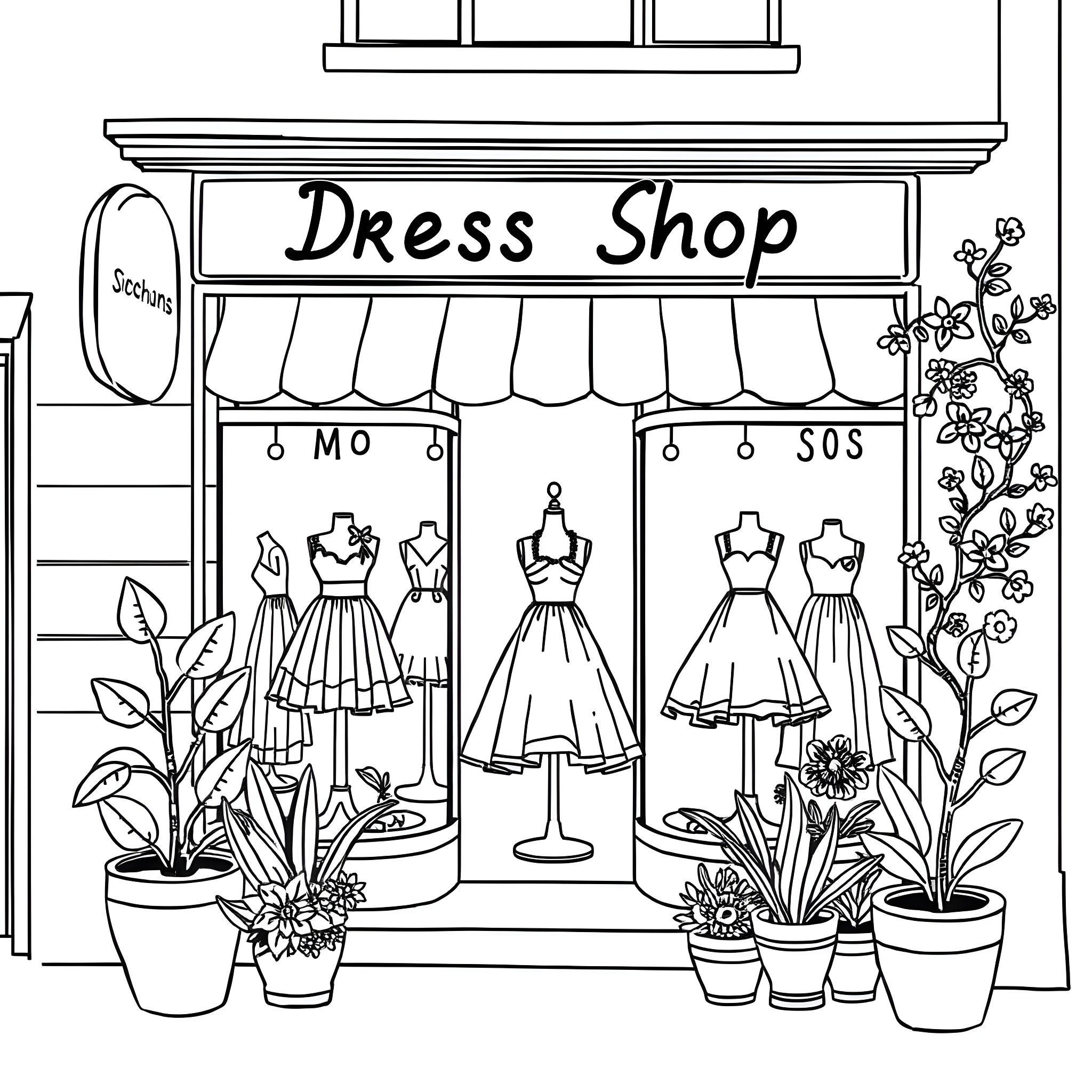 Dress Shop with Fashion Displays Coloring Page (free black-and-white line drawing printable PDF for all, from beginners to advanced learners, including children, teens, adults, and seniors)