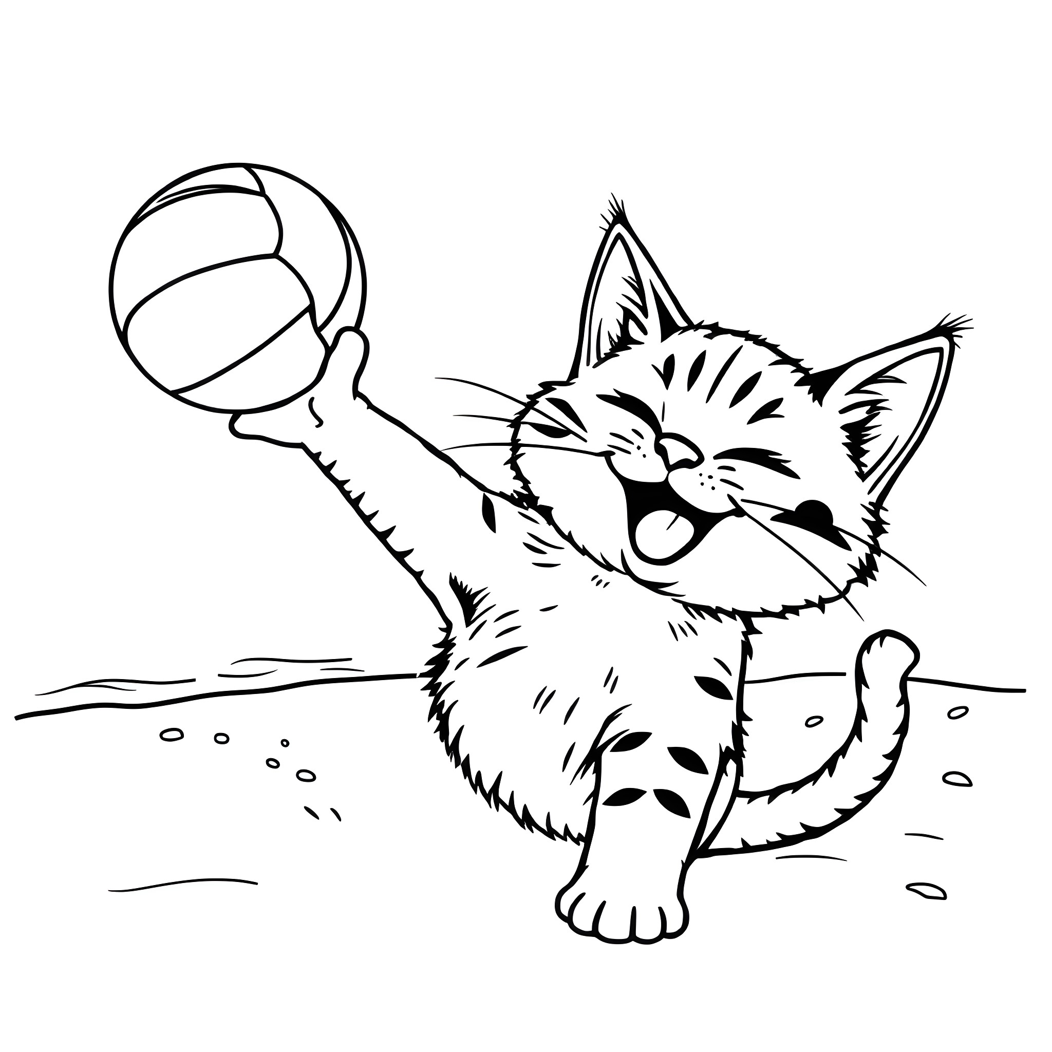 Cat playing with a ball Coloring Page (free black-and-white line drawing printable PDF for all, from beginners to advanced learners, including children, teens, adults, and seniors)
