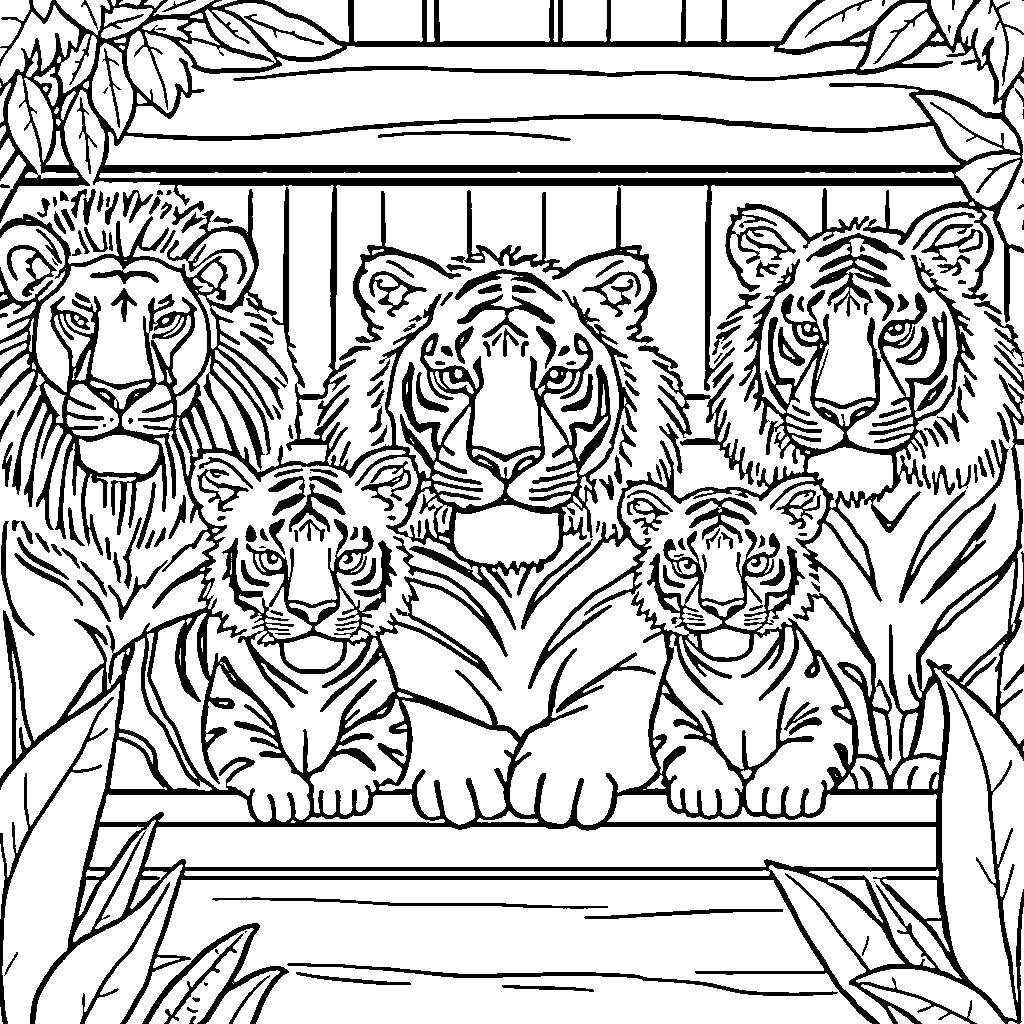 Jungle Animals Observing Their Surroundings Coloring Page (free black-and-white line drawing printable PDF for all, from beginners to advanced learners, including children, teens, adults, and seniors)