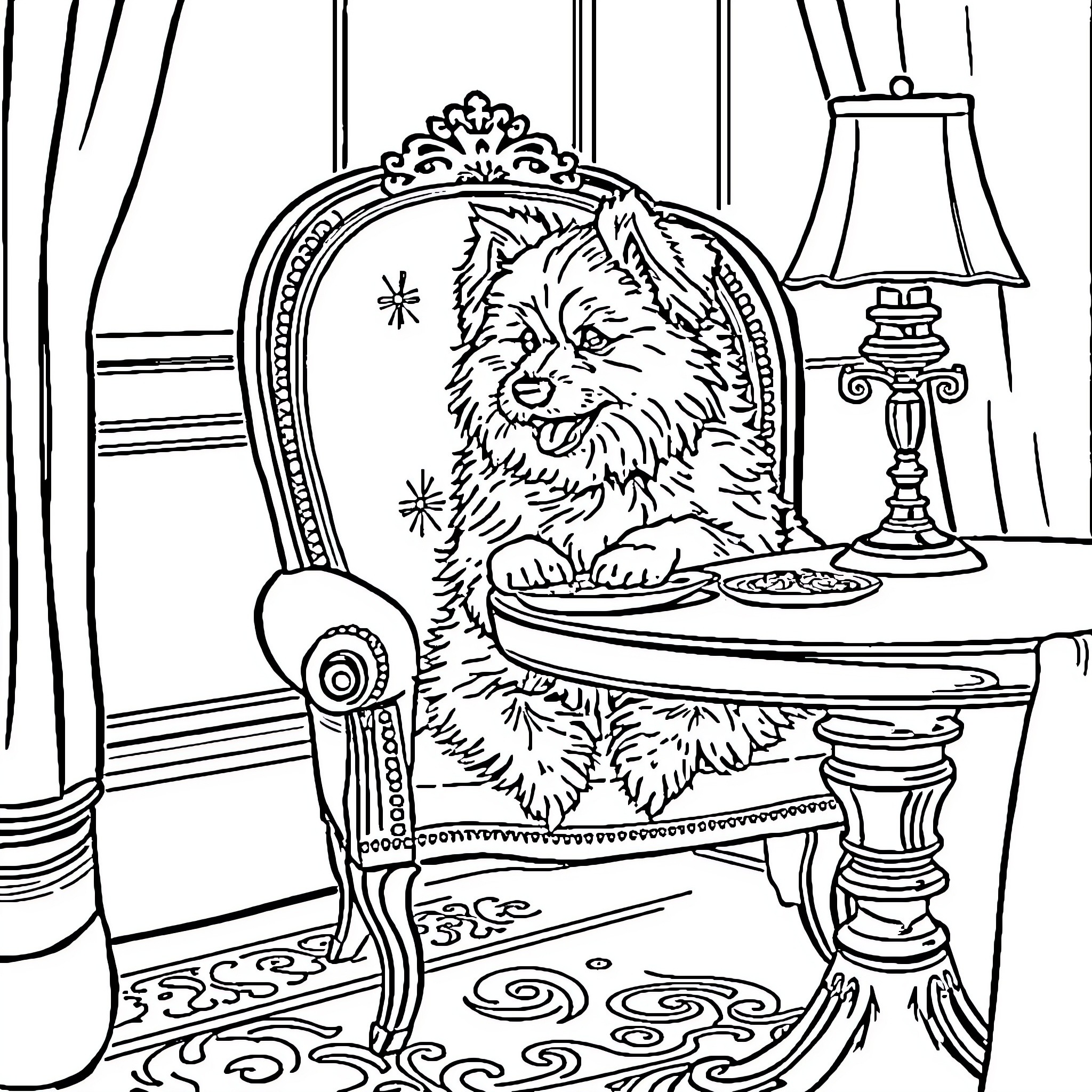 Dog sitting on a fancy chair in a room Coloring Page (free black-and-white line drawing printable PDF for all, from beginners to advanced learners, including children, teens, adults, and seniors)