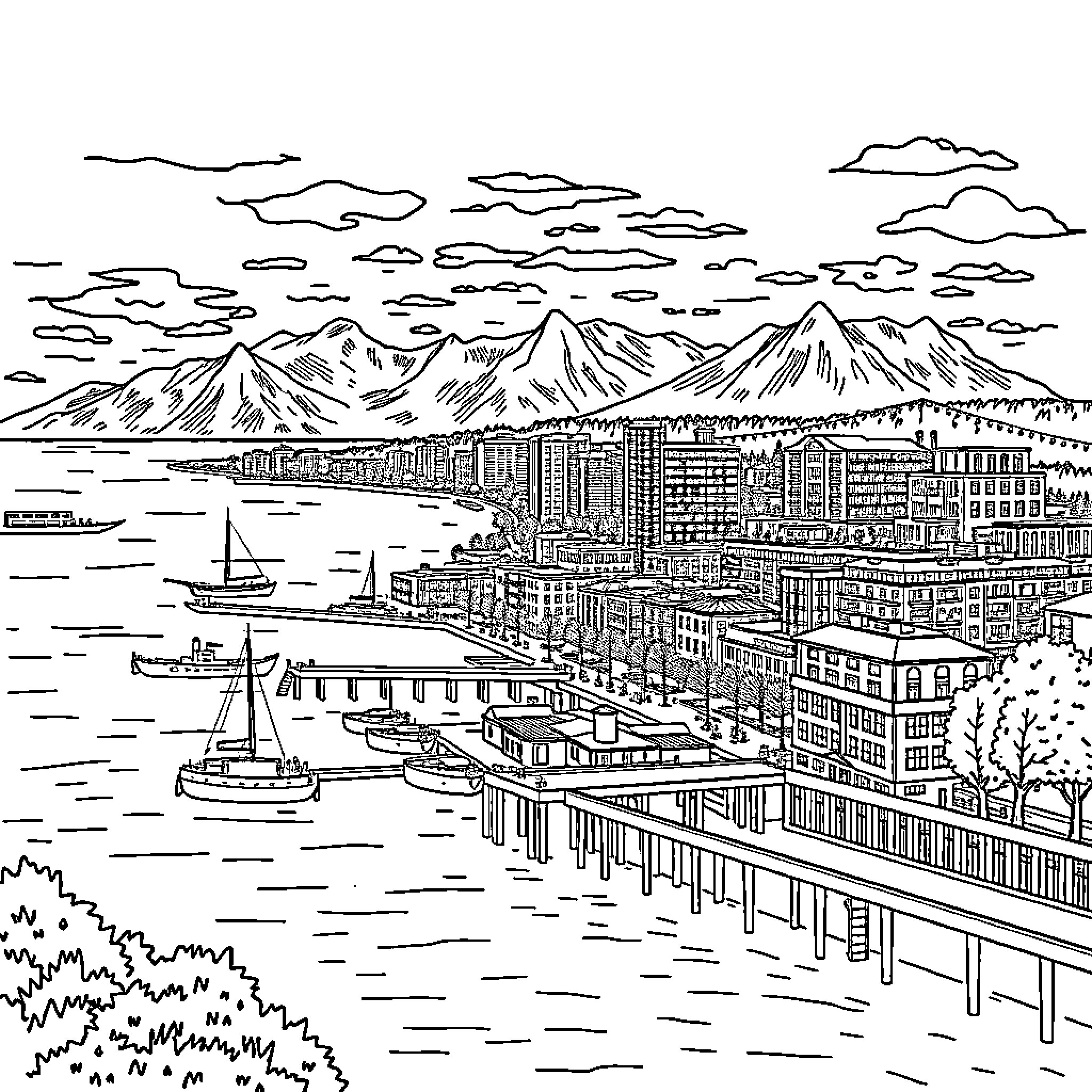 Victoria's Cityscape: Skyline, Mountains, and Waterfront Coloring Page (free black-and-white line drawing printable PDF for all, from beginners to advanced learners, including children, teens, adults, and seniors)