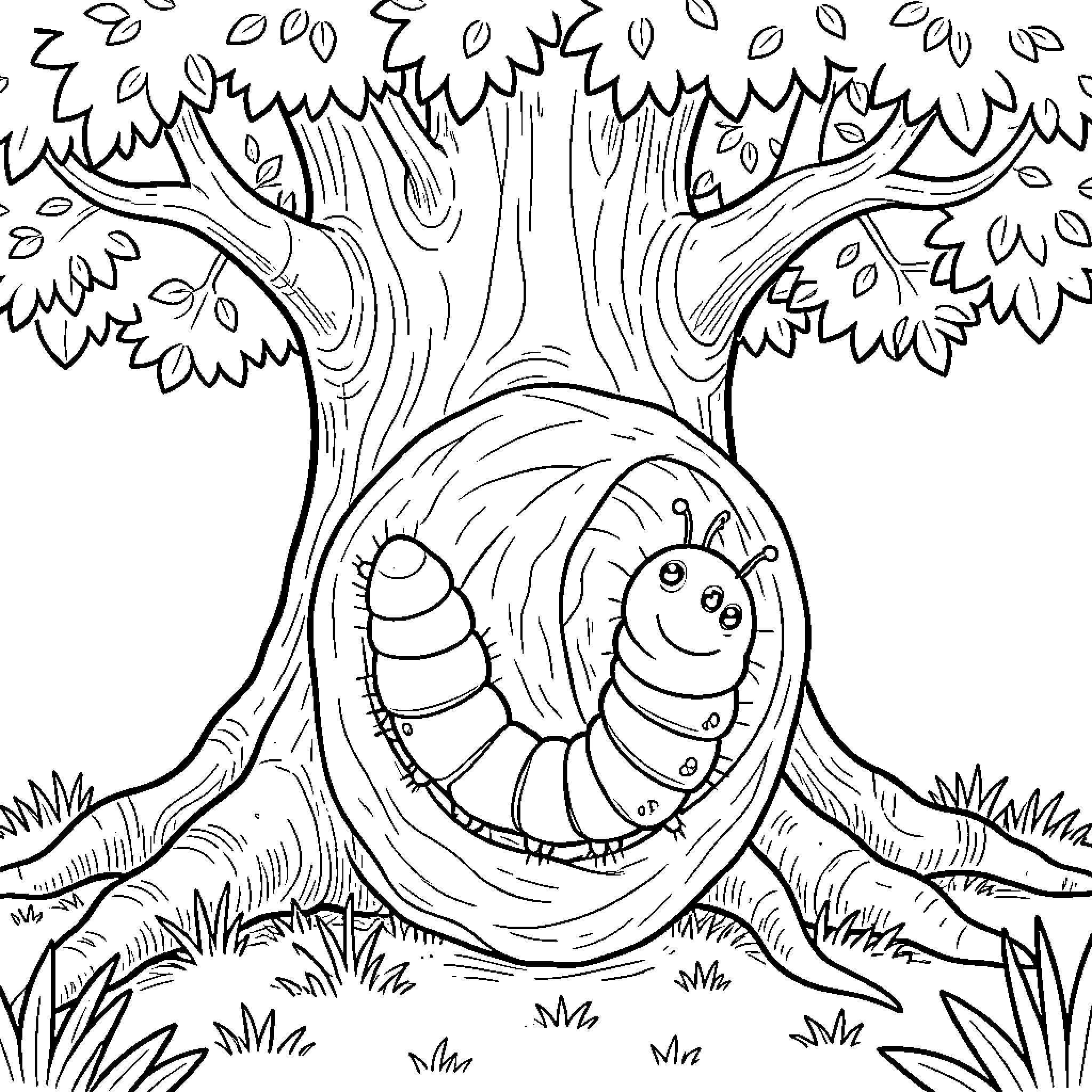 Caterpillar smiling inside a cozy tree hollow Coloring Page (free black-and-white line drawing printable PDF for all, from beginners to advanced learners, including children, teens, adults, and seniors)