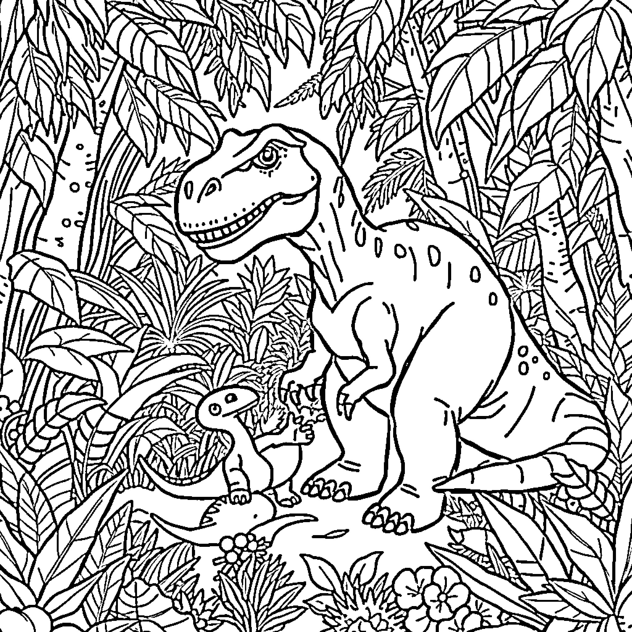 Dinosaurs in the Lush Jungle Coloring Page (free black-and-white line drawing printable PDF for all, from beginners to advanced learners, including children, teens, adults, and seniors)