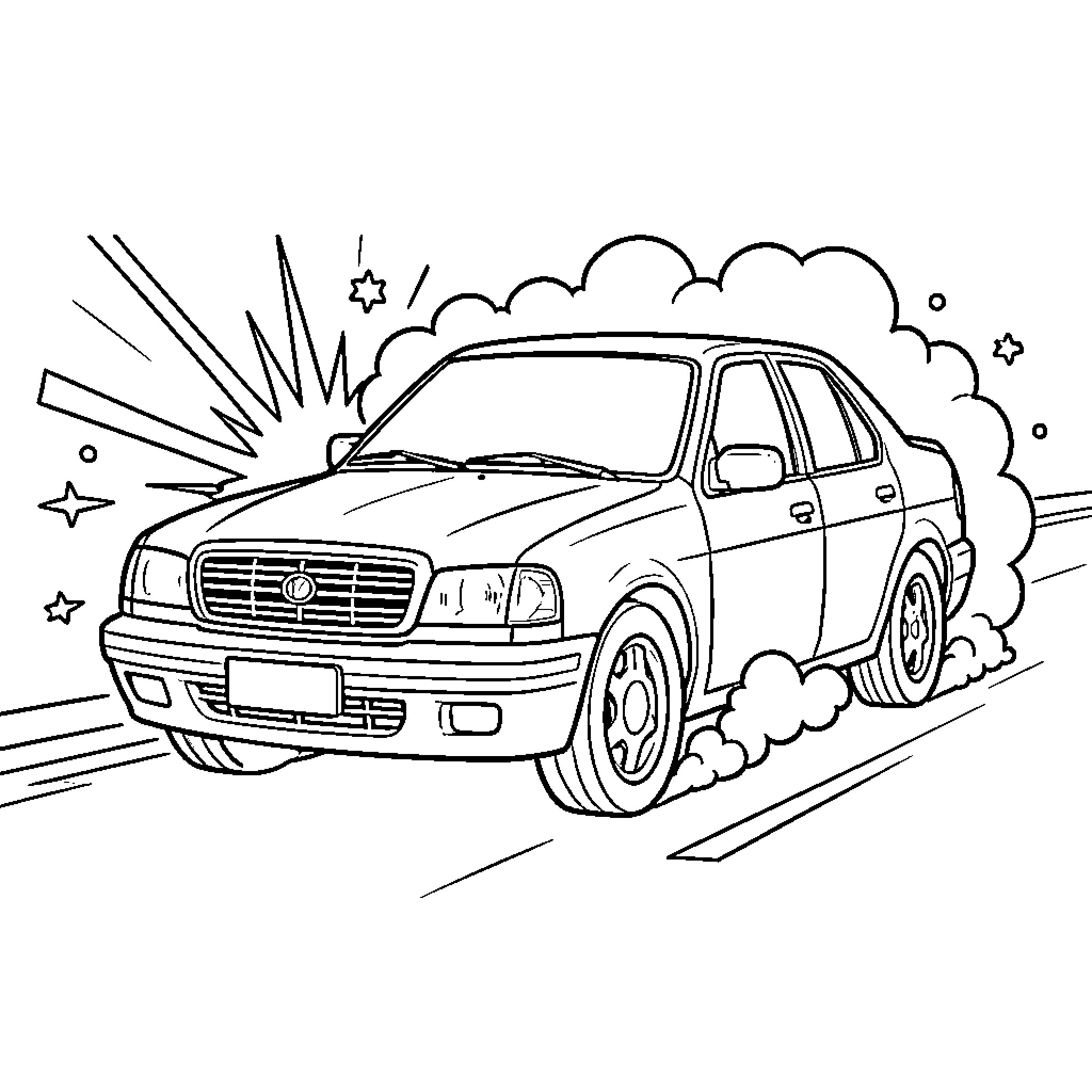 Car driving fast through clouds of smoke Coloring Page (free black-and-white line drawing printable PDF for all, from beginners to advanced learners, including children, teens, adults, and seniors)