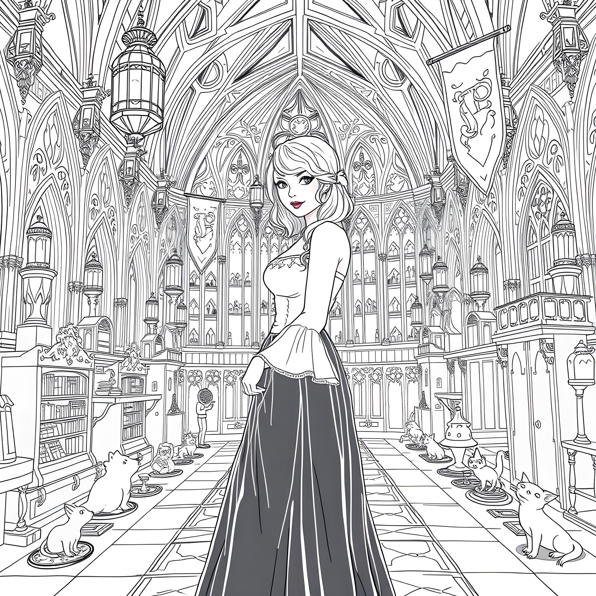 Taylor Swift in Elegant Dress in Fantastical Castle Coloring Page (free black-and-white line drawing printable PDF for all, from beginners to advanced learners, including children, teens, adults, and seniors)