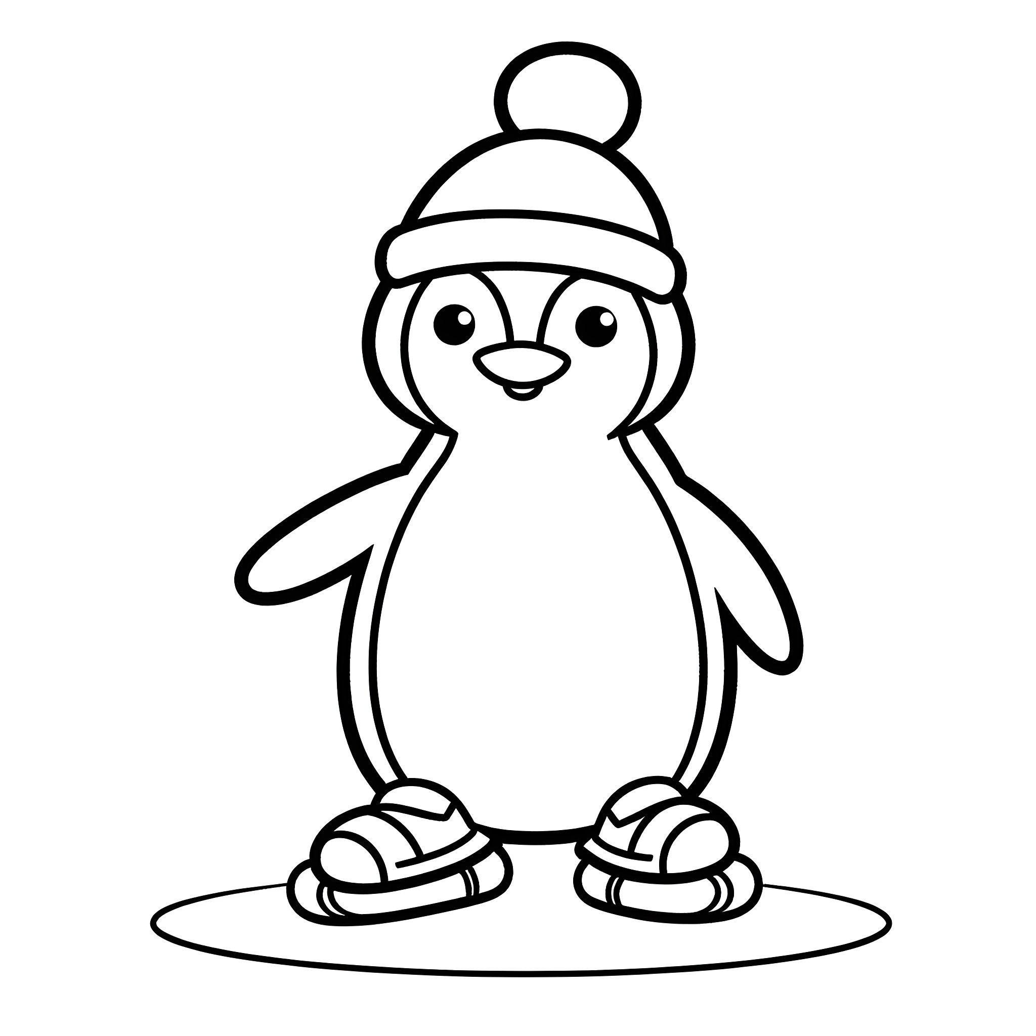 Penguin in winter hat and shoes Coloring Page (free black-and-white line drawing printable PDF for all, from beginners to advanced learners, including children, teens, adults, and seniors)