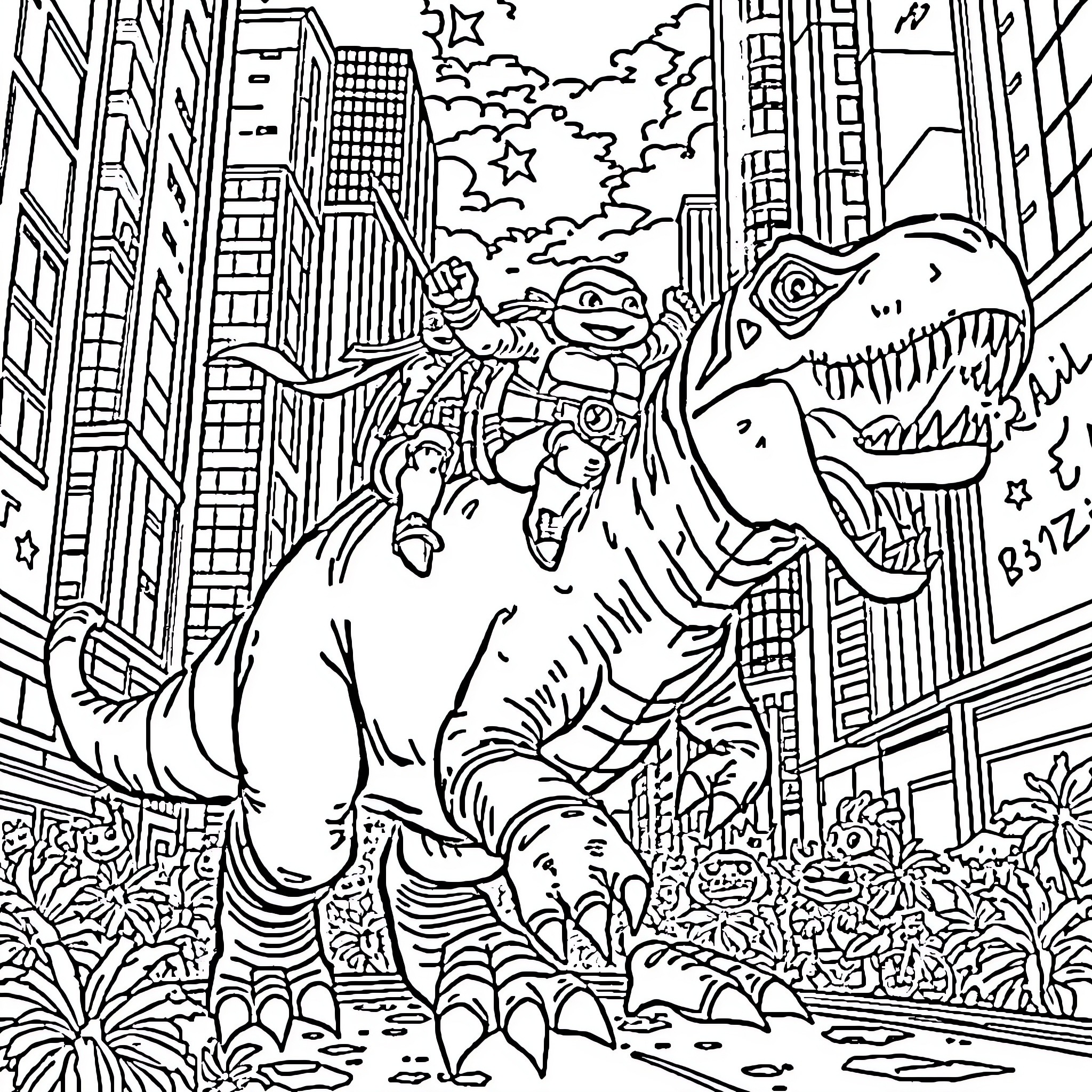 Teenage Mutant Ninja Turtles battling giant dinosaur in the city Coloring Page (free black-and-white line drawing printable PDF for all, from beginners to advanced learners, including children, teens, adults, and seniors)
