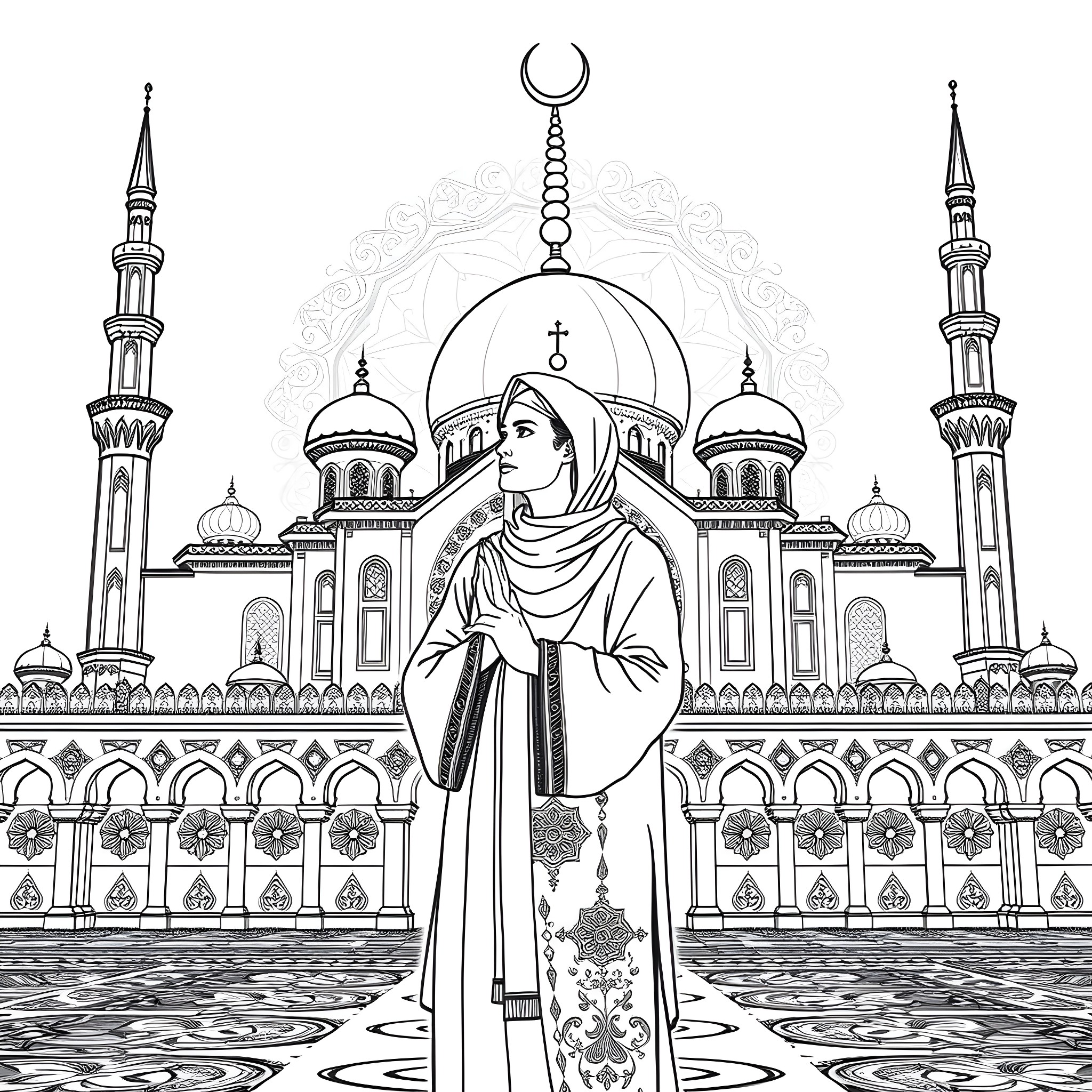 Muslim woman praying at the mosque Coloring Page (free black-and-white line drawing printable PDF for all, from beginners to advanced learners, including children, teens, adults, and seniors)