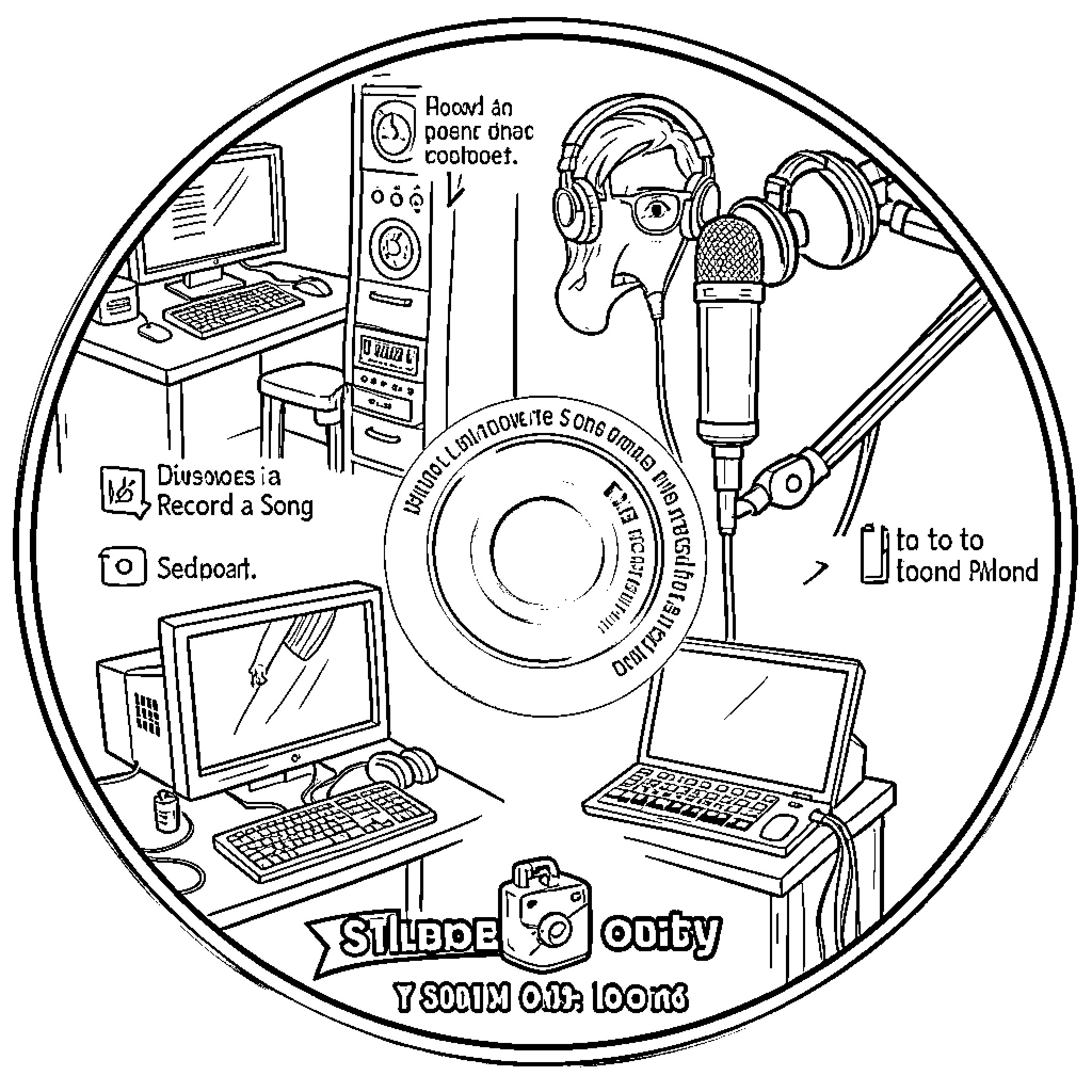 Song of Recording Studio Equipment Coloring Page (free black-and-white line drawing printable PDF for all, from beginners to advanced learners, including children, teens, adults, and seniors)